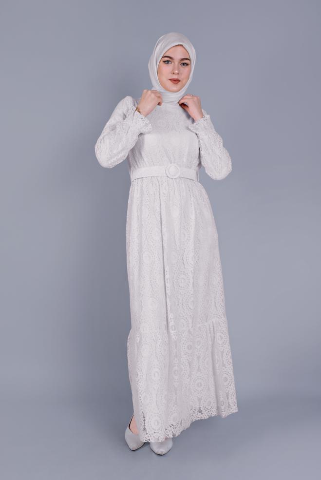 Tesettür giyim EKRU DANTELLİ ELBİSE 41663  - ALVİNA