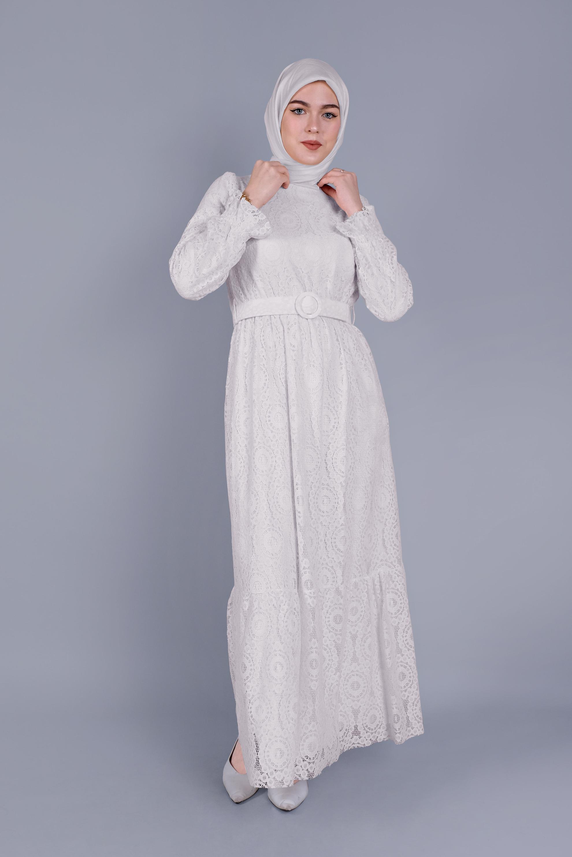 Tesettür giyim EKRU DANTELLİ ELBİSE 41663 