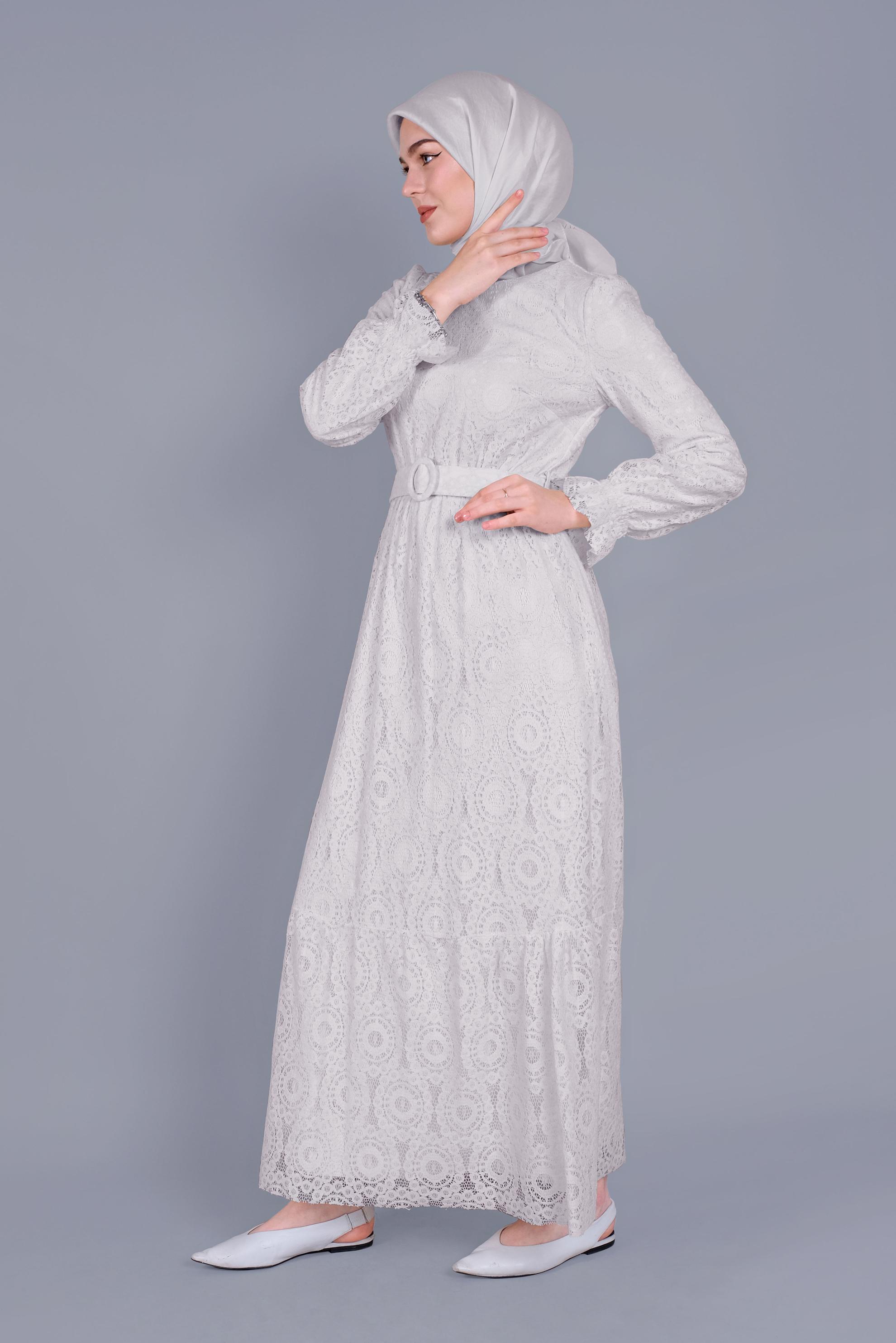 Tesettür giyim EKRU DANTELLİ ELBİSE 41663 