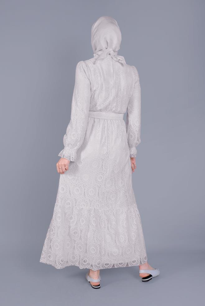 Tesettür giyim EKRU DANTELLİ ELBİSE 41663  - ALVİNA