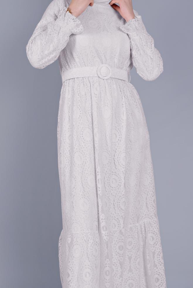 Tesettür giyim EKRU DANTELLİ ELBİSE 41663  - ALVİNA