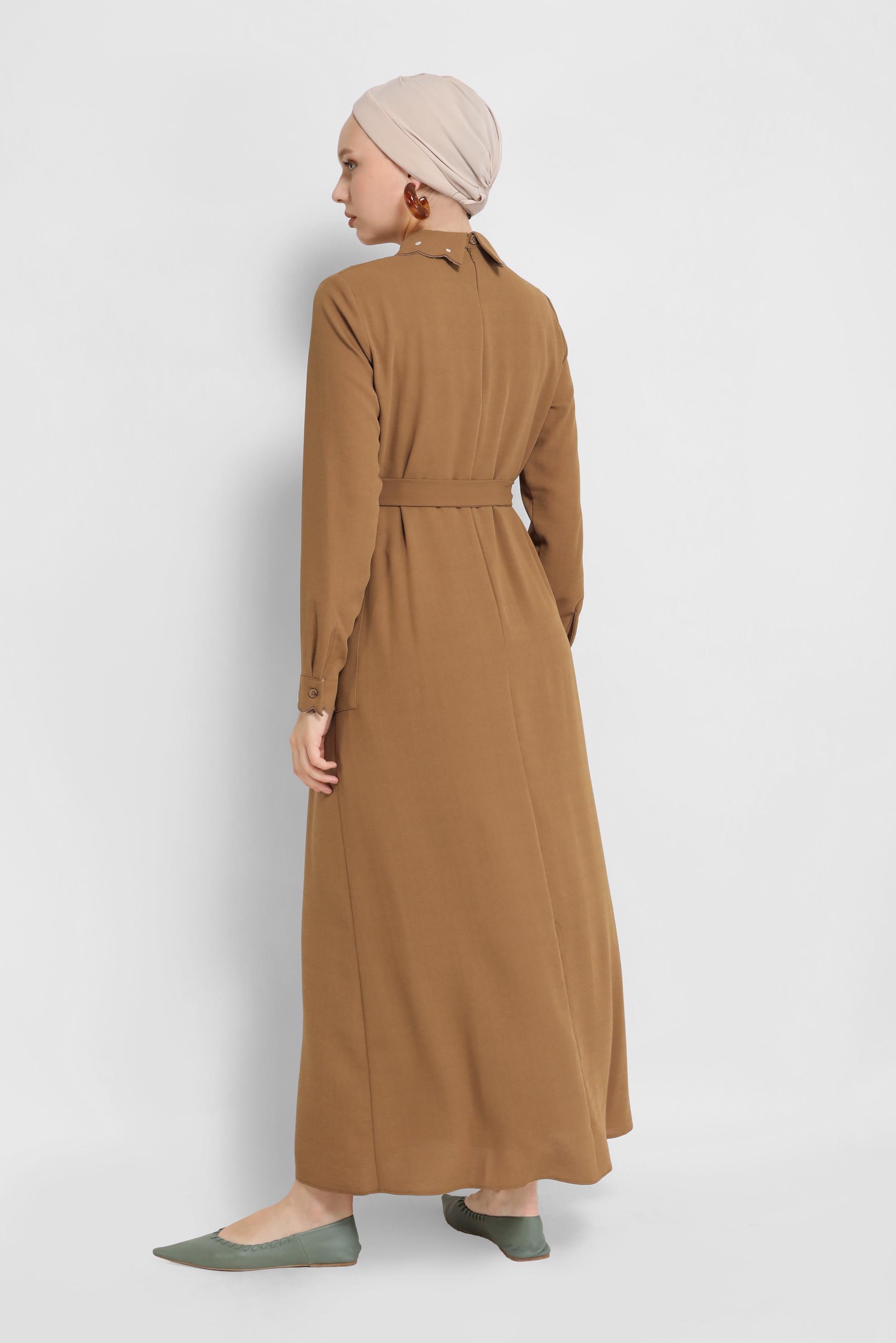 Tesettür giyim SARI İŞLEME DETAYLI KUŞAKLI ELBİSE 41665 