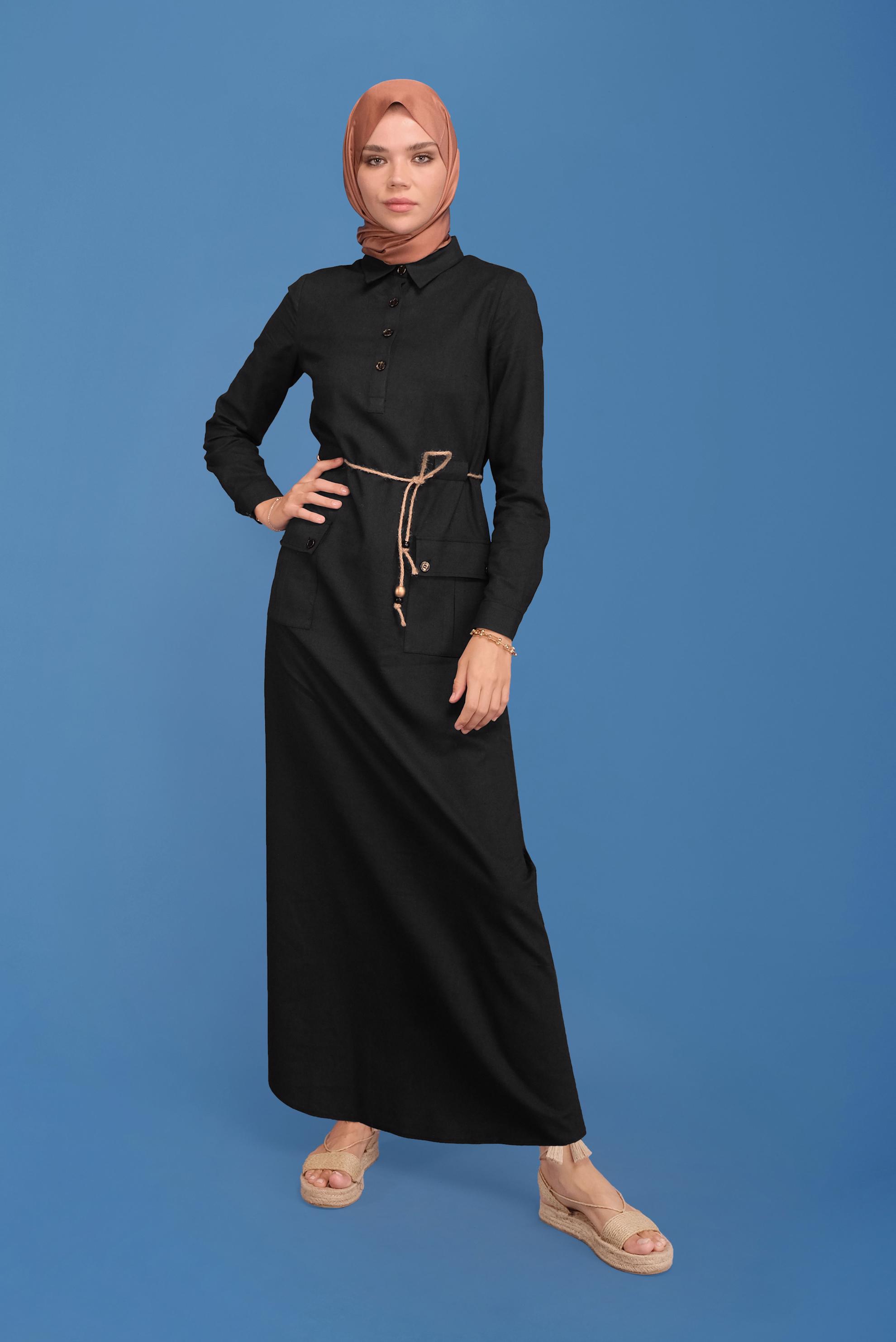 Tesettür giyim SİYAH BELİ BAĞCIKLI KETEN ELBİSE 41709 