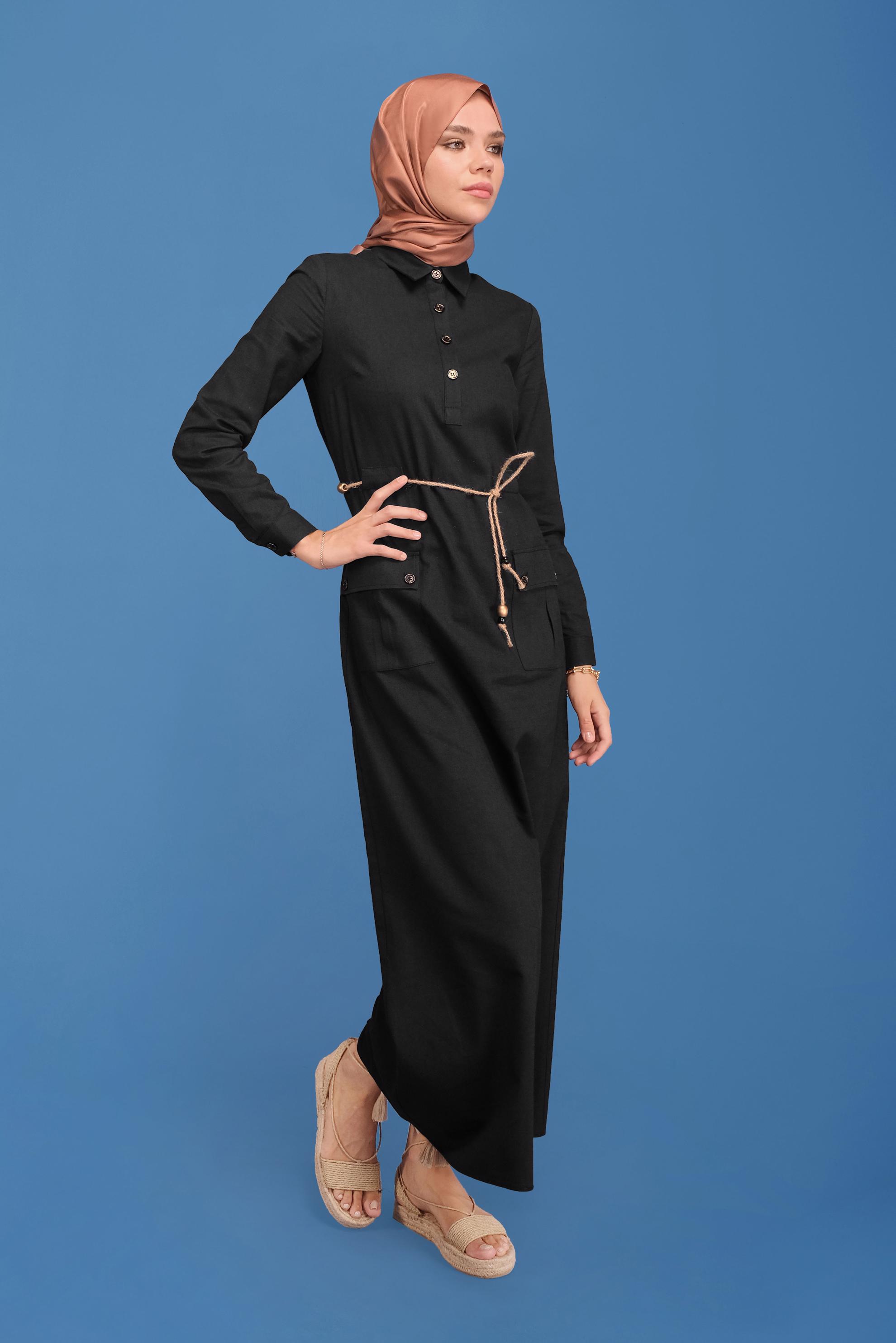 Tesettür giyim SİYAH BELİ BAĞCIKLI KETEN ELBİSE 41709 