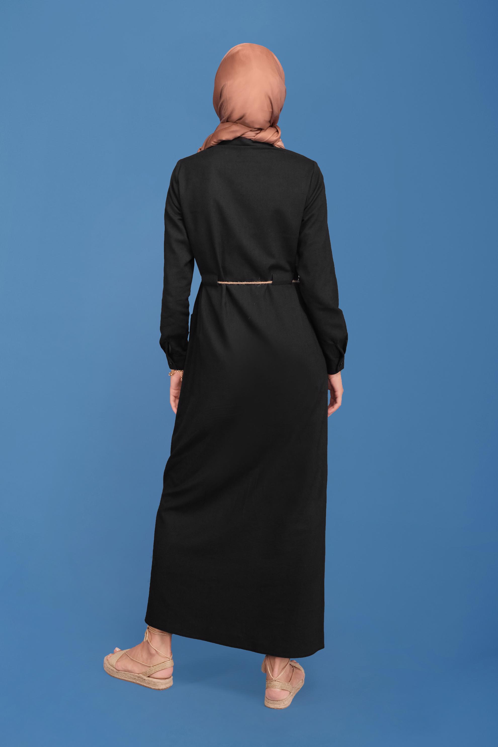 Tesettür giyim SİYAH BELİ BAĞCIKLI KETEN ELBİSE 41709 