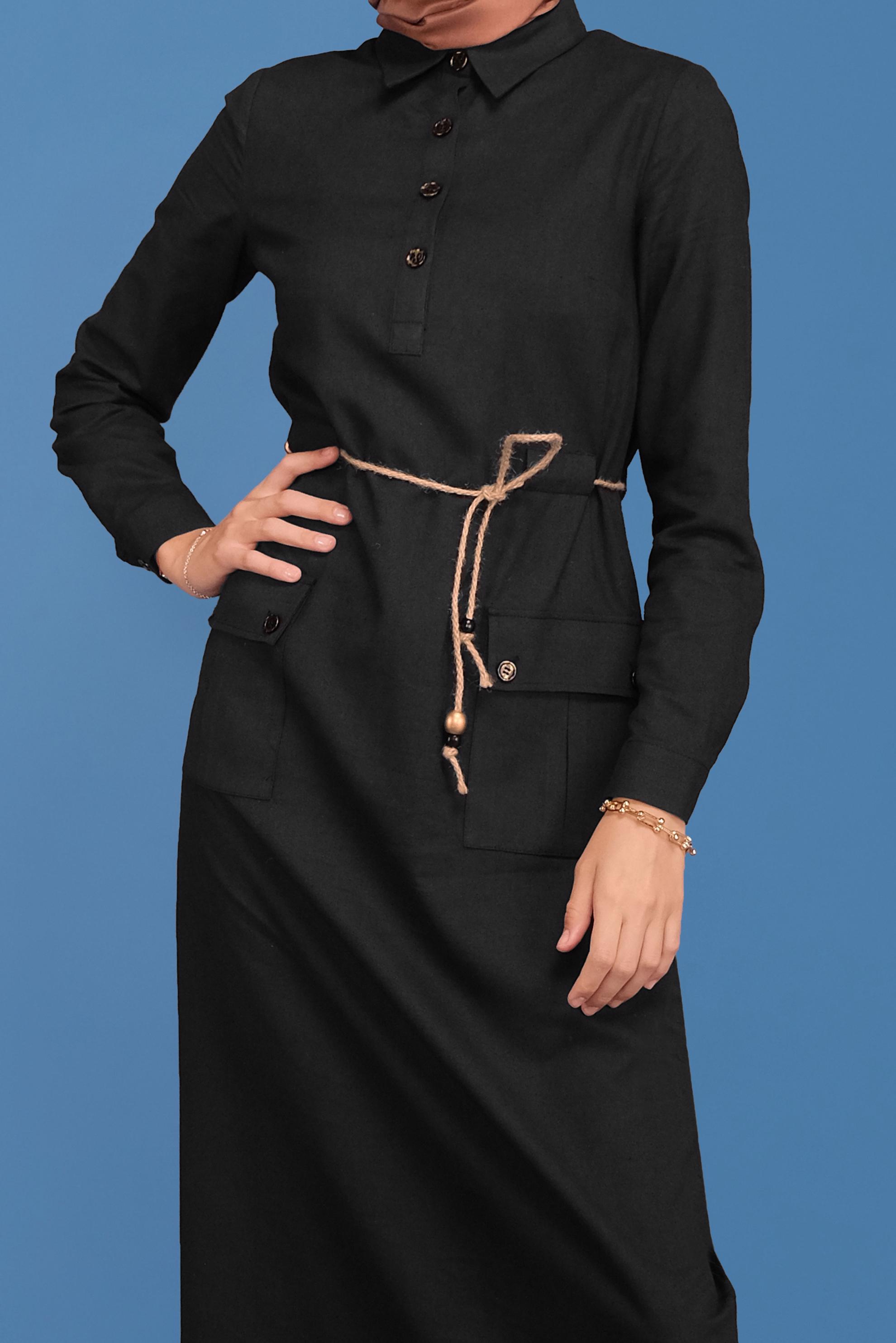 Tesettür giyim SİYAH BELİ BAĞCIKLI KETEN ELBİSE 41709 