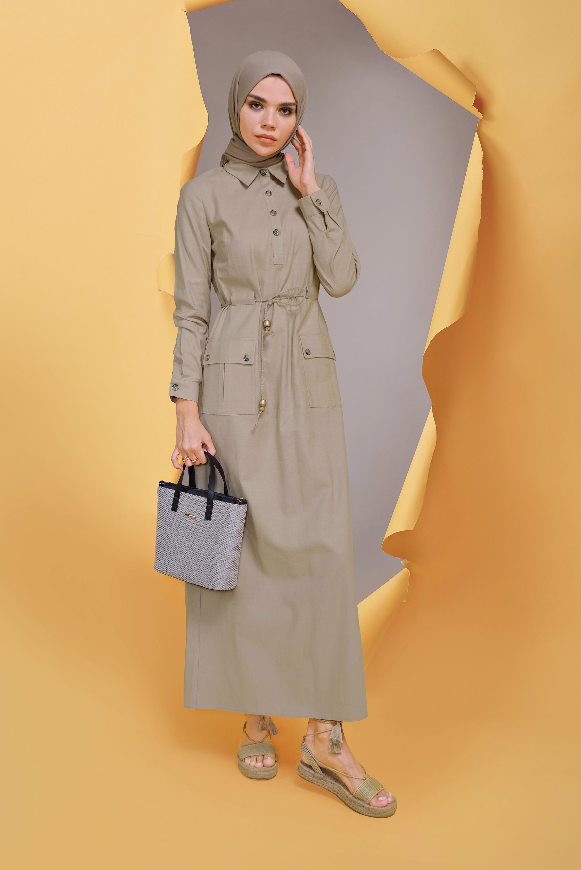 Tesettür giyim KAHVE BELİ BAĞCIKLI KETEN ELBİSE 41709 