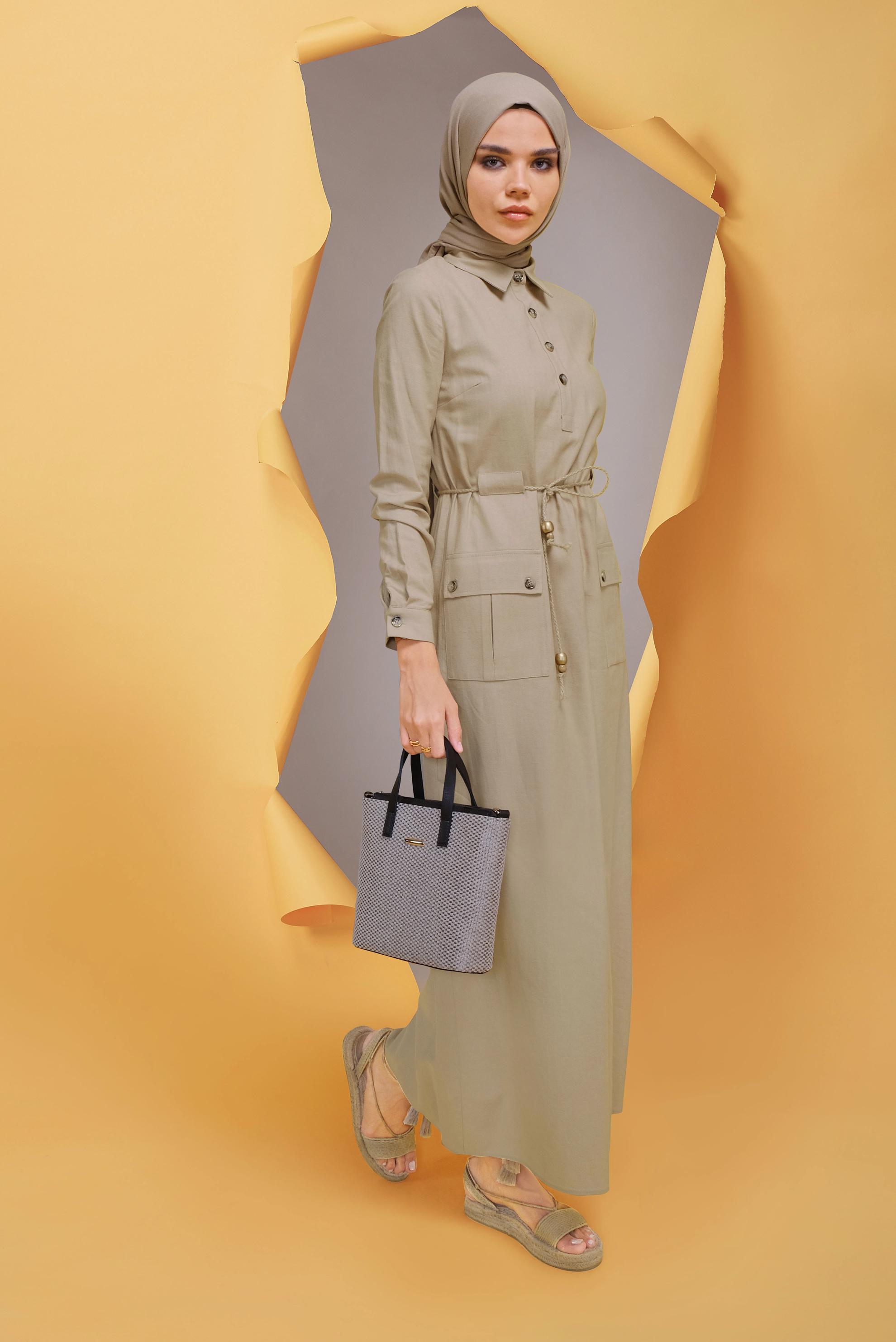 Tesettür giyim KAHVE BELİ BAĞCIKLI KETEN ELBİSE 41709 