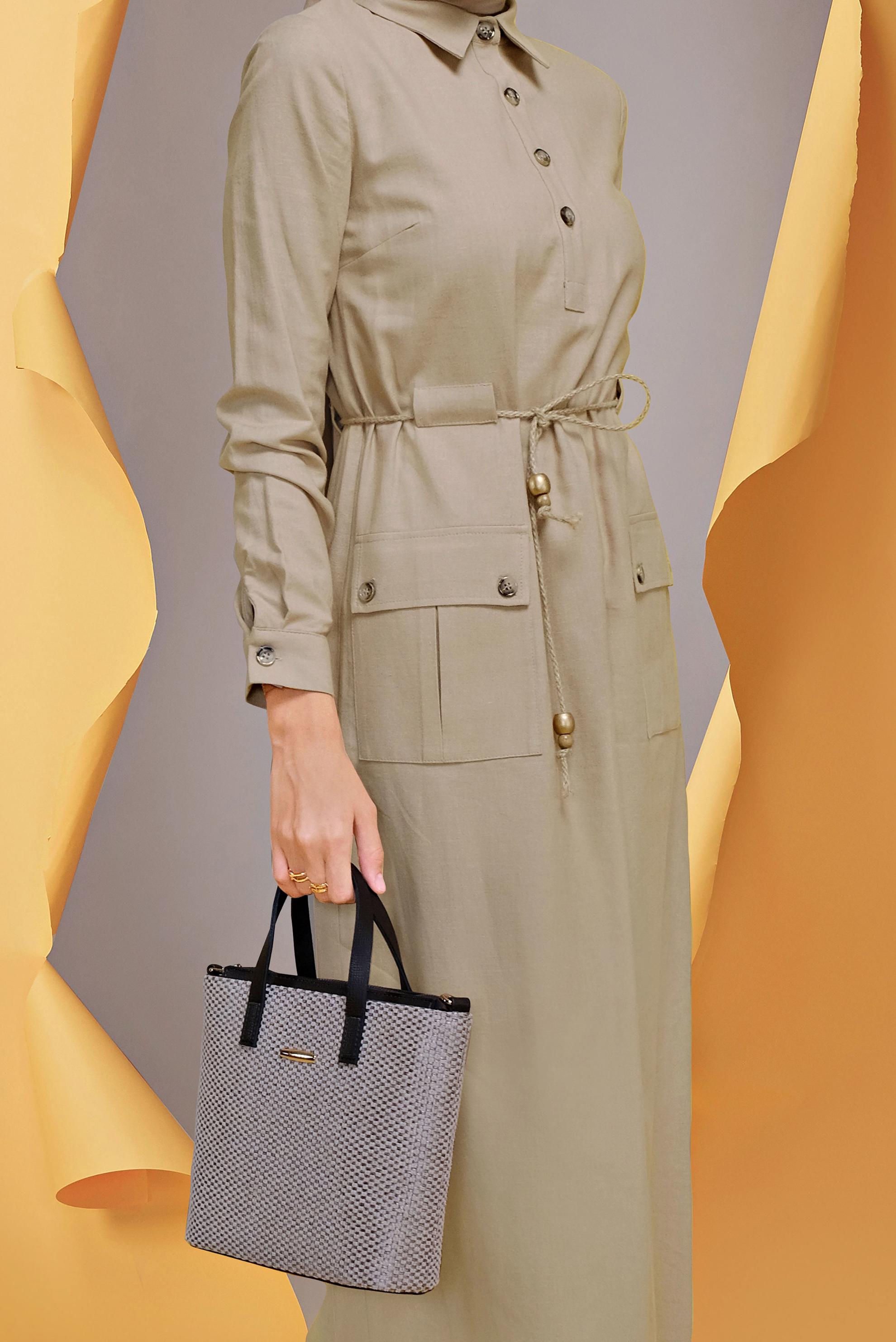 Tesettür giyim KAHVE BELİ BAĞCIKLI KETEN ELBİSE 41709 