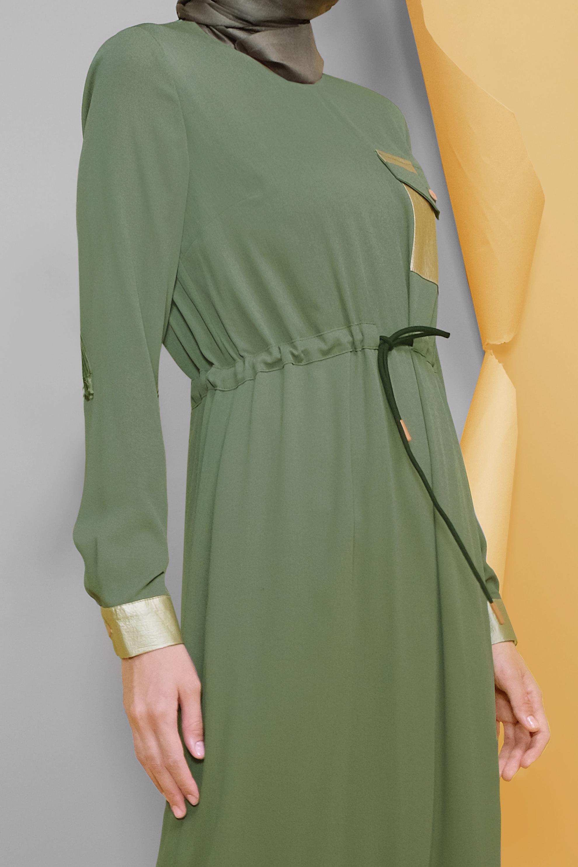 Tesettür giyim HAKİ YALDIZ BASKILI BELDEN BAĞCIKLI ELBİSE 41734 