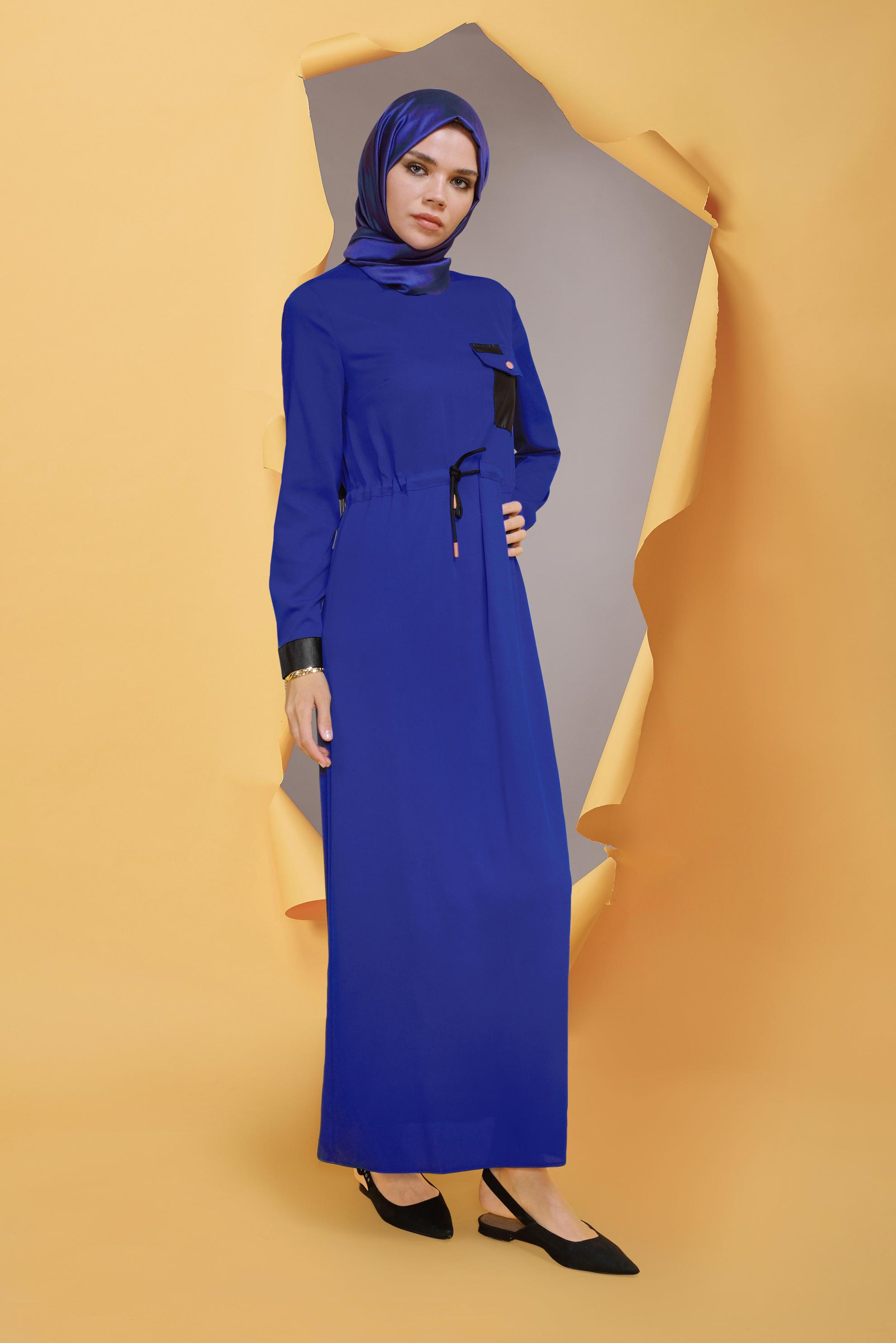 Tesettür giyim LACİVERT YALDIZ BASKILI BELDEN BAĞCIKLI ELBİSE 41734 