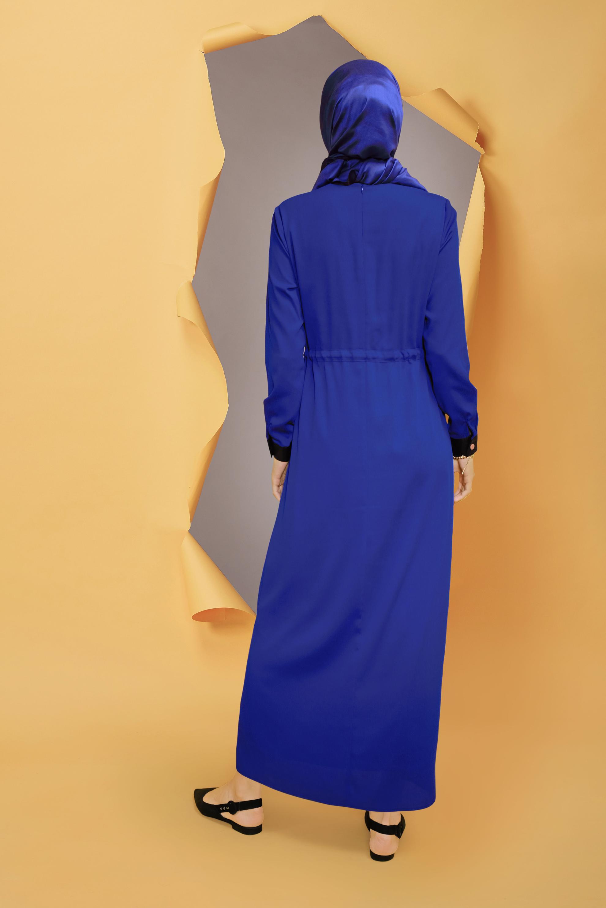 Tesettür giyim LACİVERT YALDIZ BASKILI BELDEN BAĞCIKLI ELBİSE 41734 