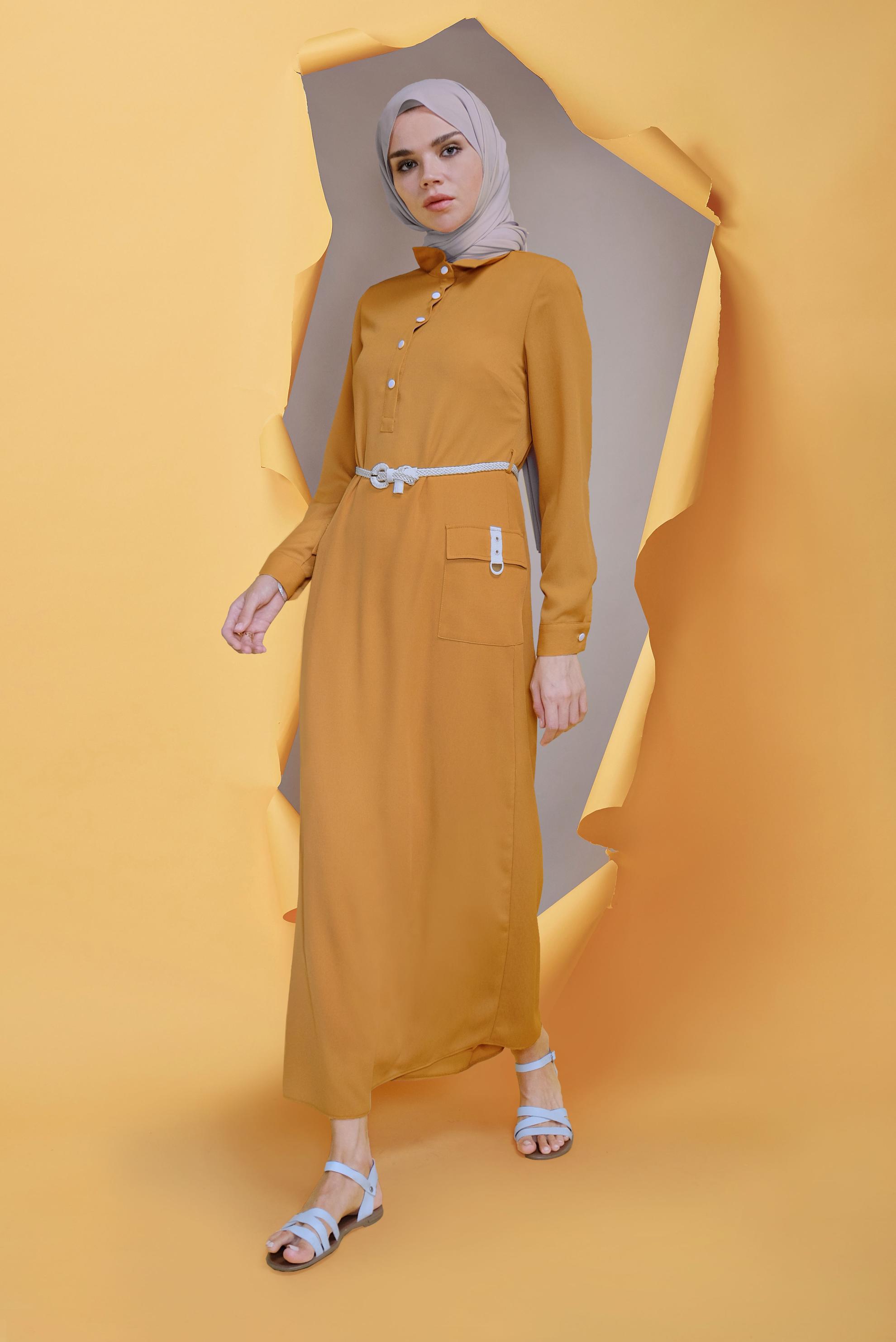 Tesettür giyim SARI  KEMERLİ CEP DETAYLI ELBİSE 41739 