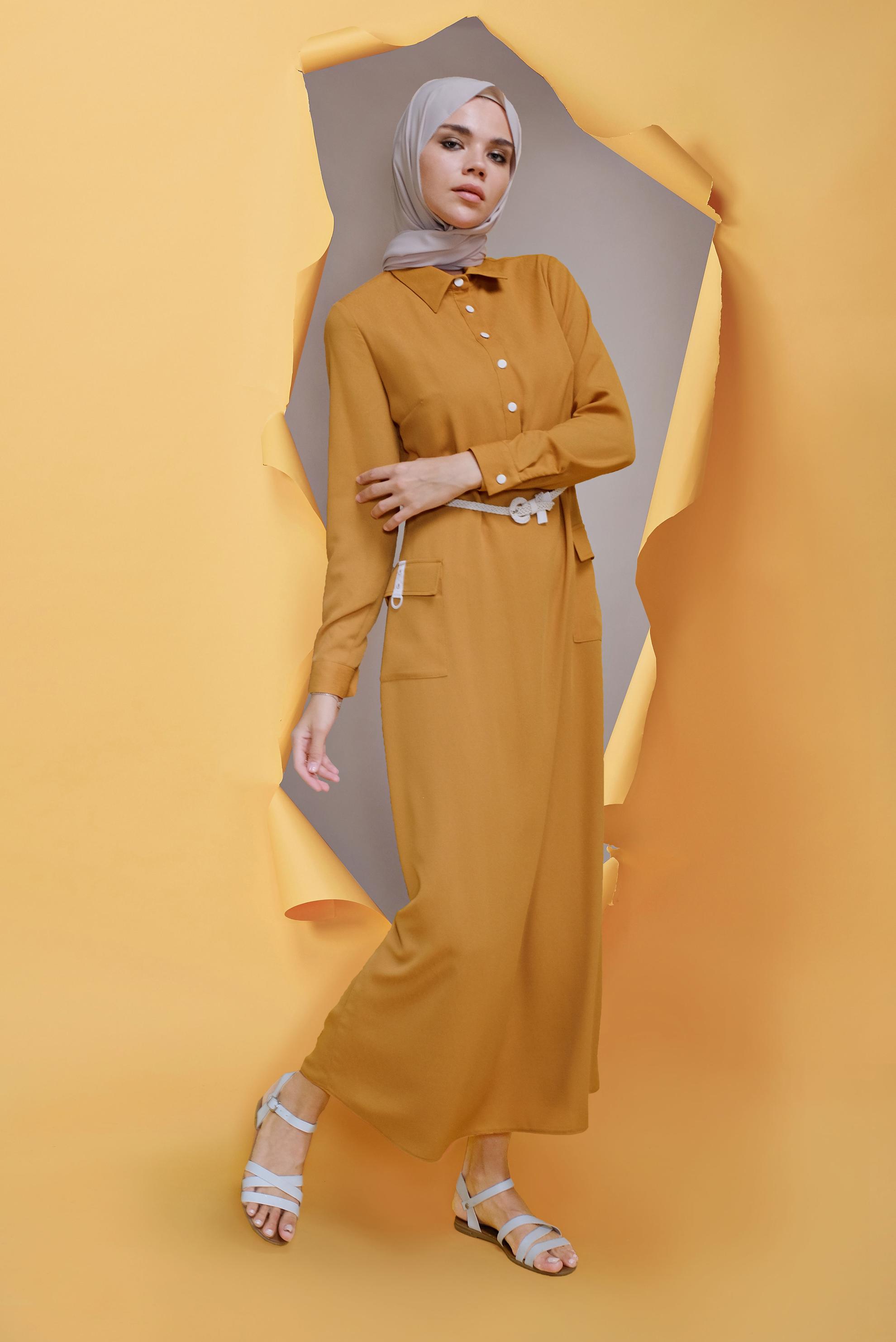 Tesettür giyim SARI  KEMERLİ CEP DETAYLI ELBİSE 41739 