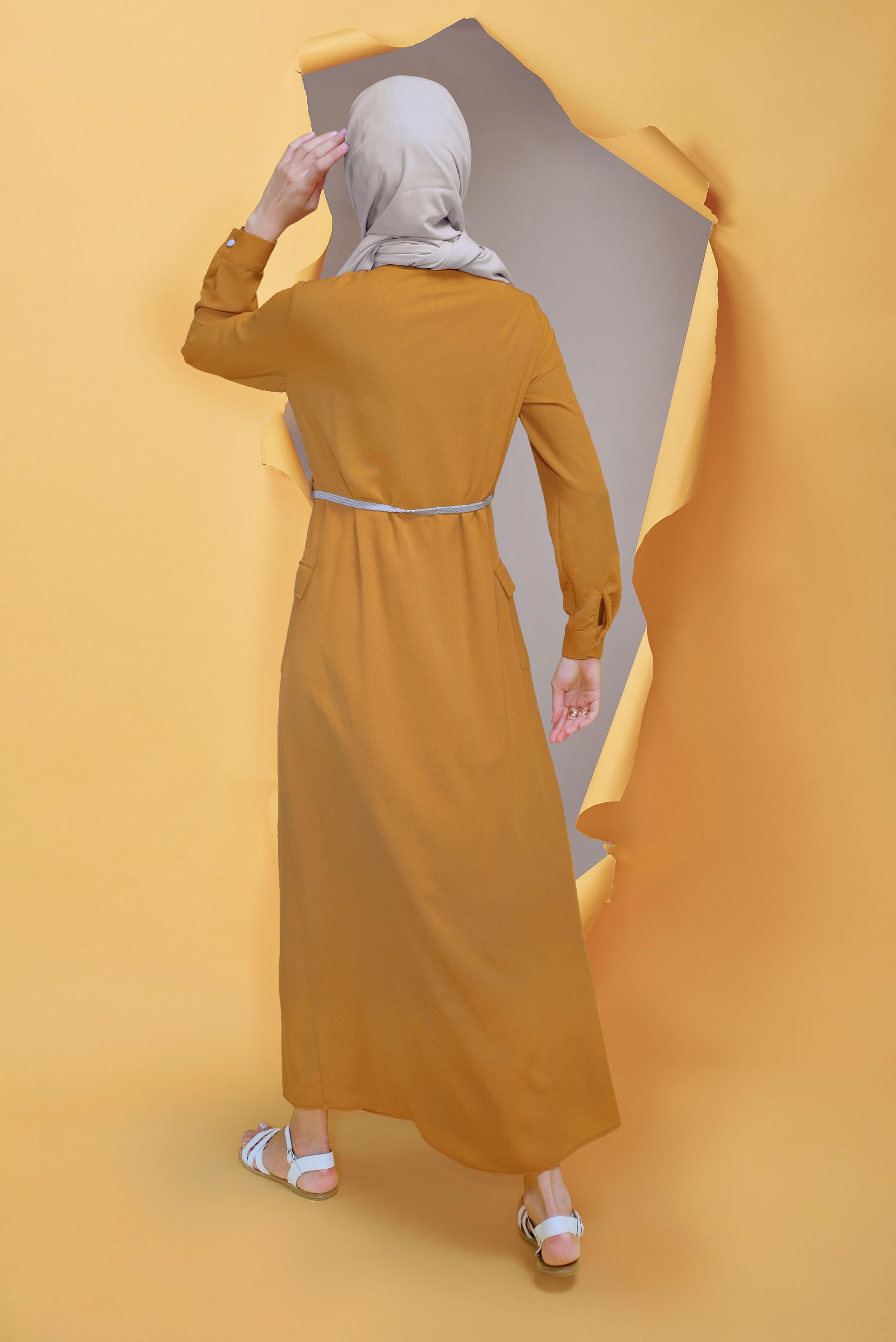 Tesettür giyim SARI  KEMERLİ CEP DETAYLI ELBİSE 41739 