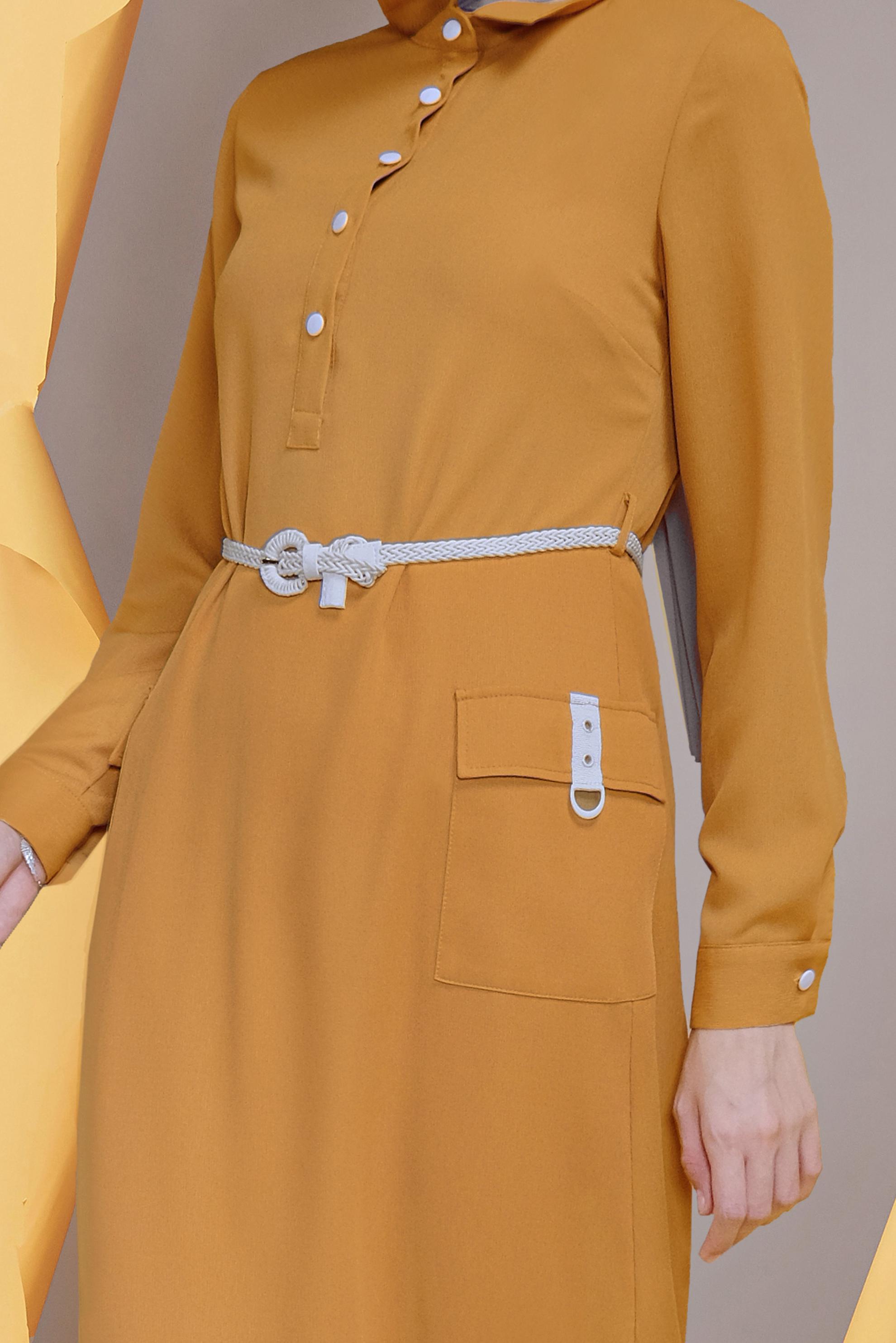 Tesettür giyim SARI  KEMERLİ CEP DETAYLI ELBİSE 41739 