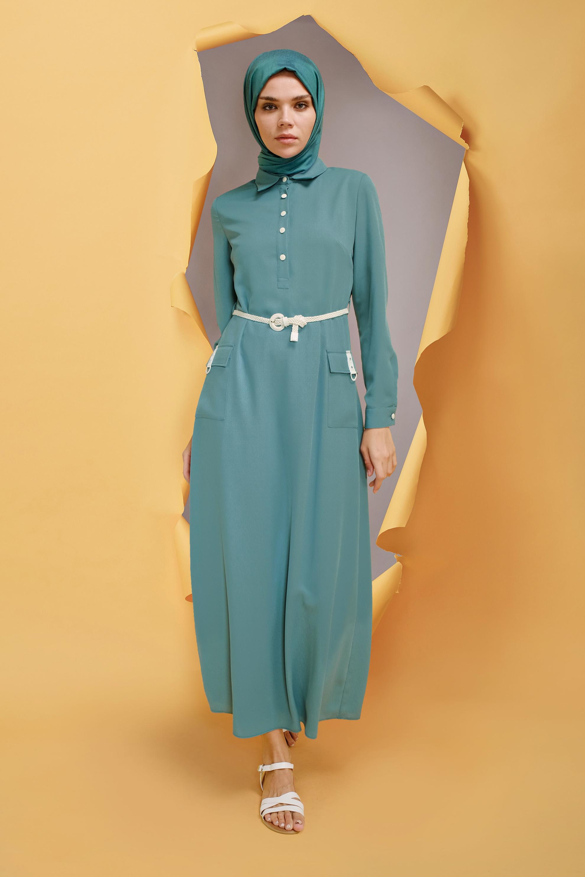 Tesettür giyim MAVİ  KEMERLİ CEP DETAYLI ELBİSE 41739 