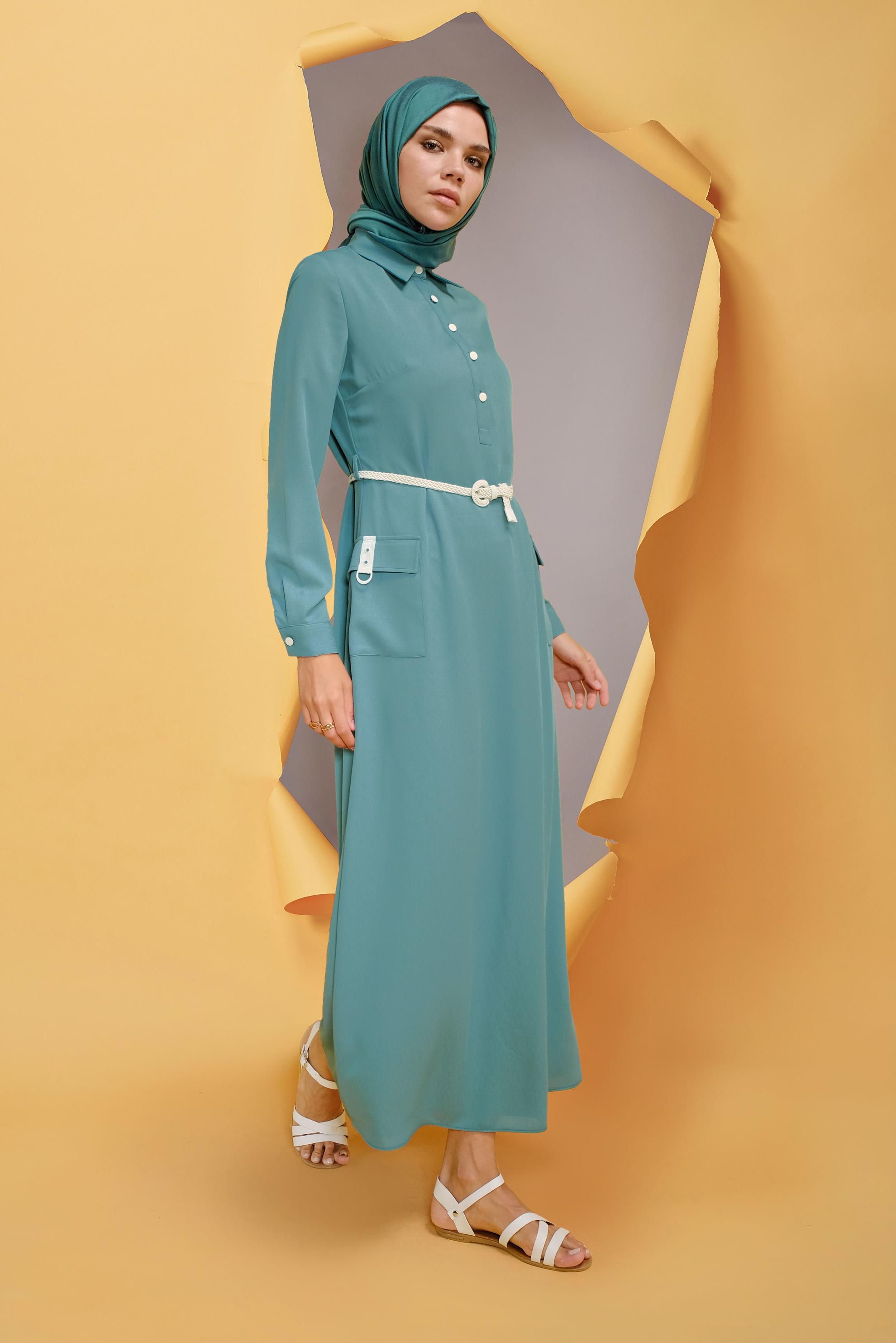 Tesettür giyim MAVİ  KEMERLİ CEP DETAYLI ELBİSE 41739 