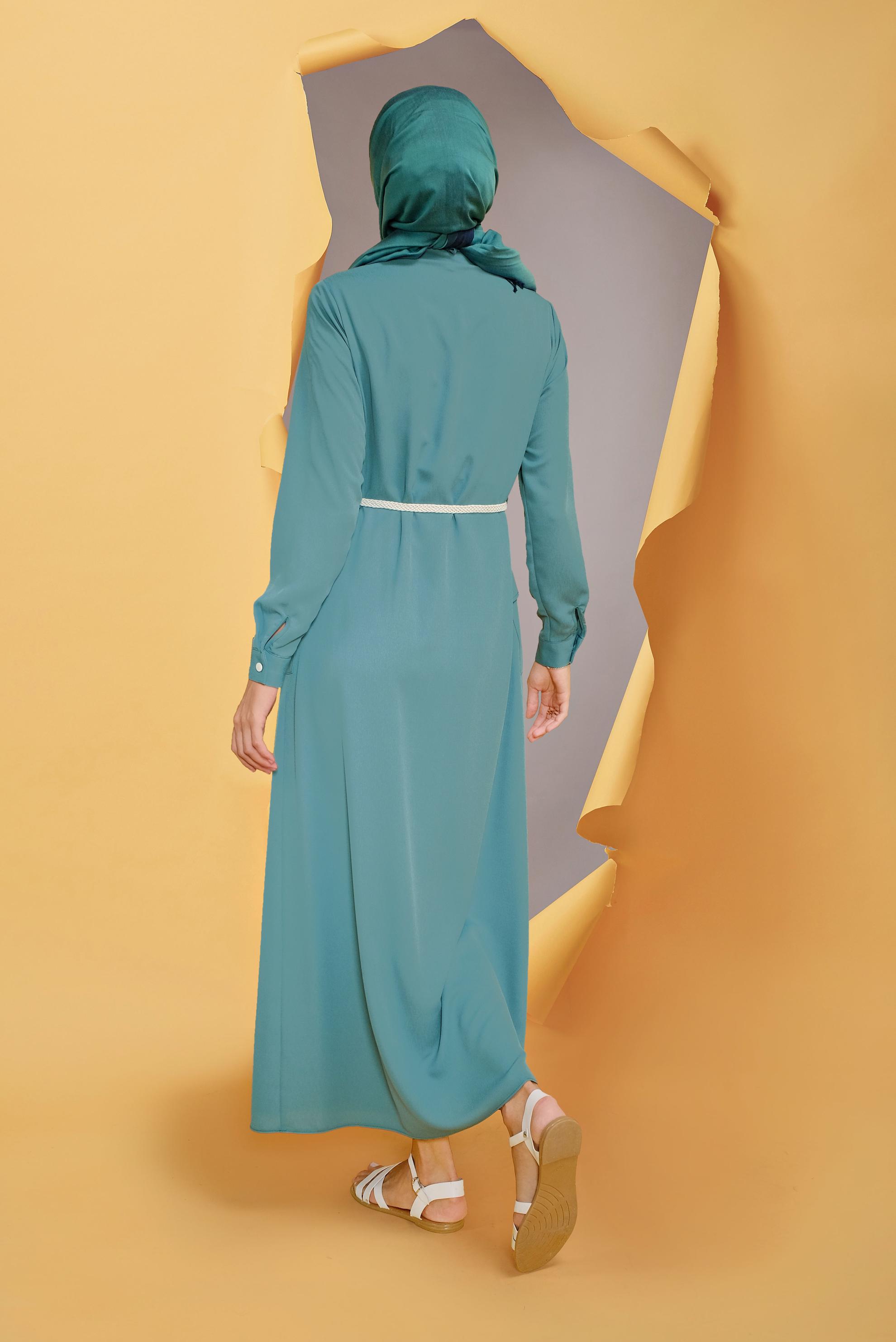 Tesettür giyim MAVİ  KEMERLİ CEP DETAYLI ELBİSE 41739 