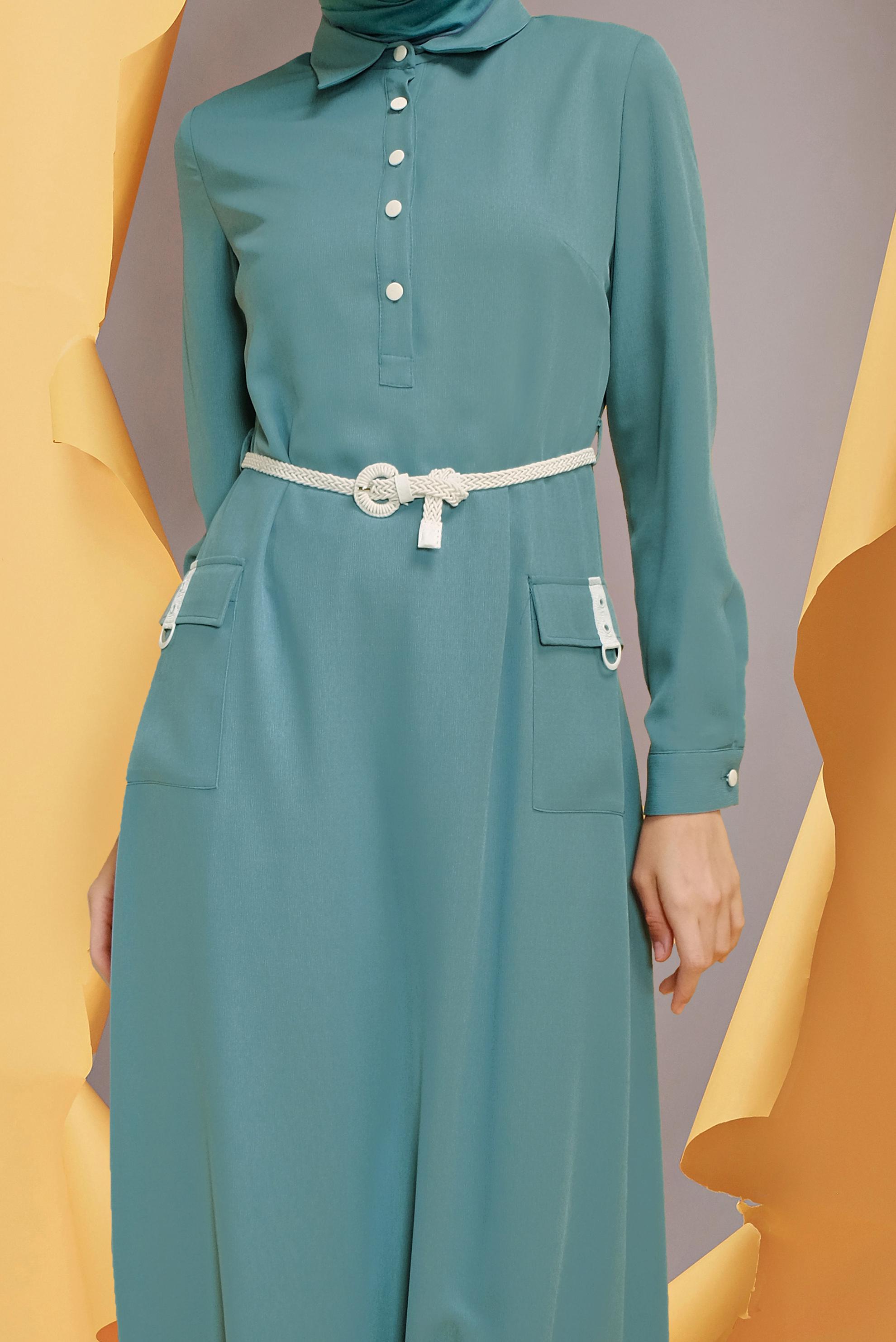 Tesettür giyim MAVİ  KEMERLİ CEP DETAYLI ELBİSE 41739 