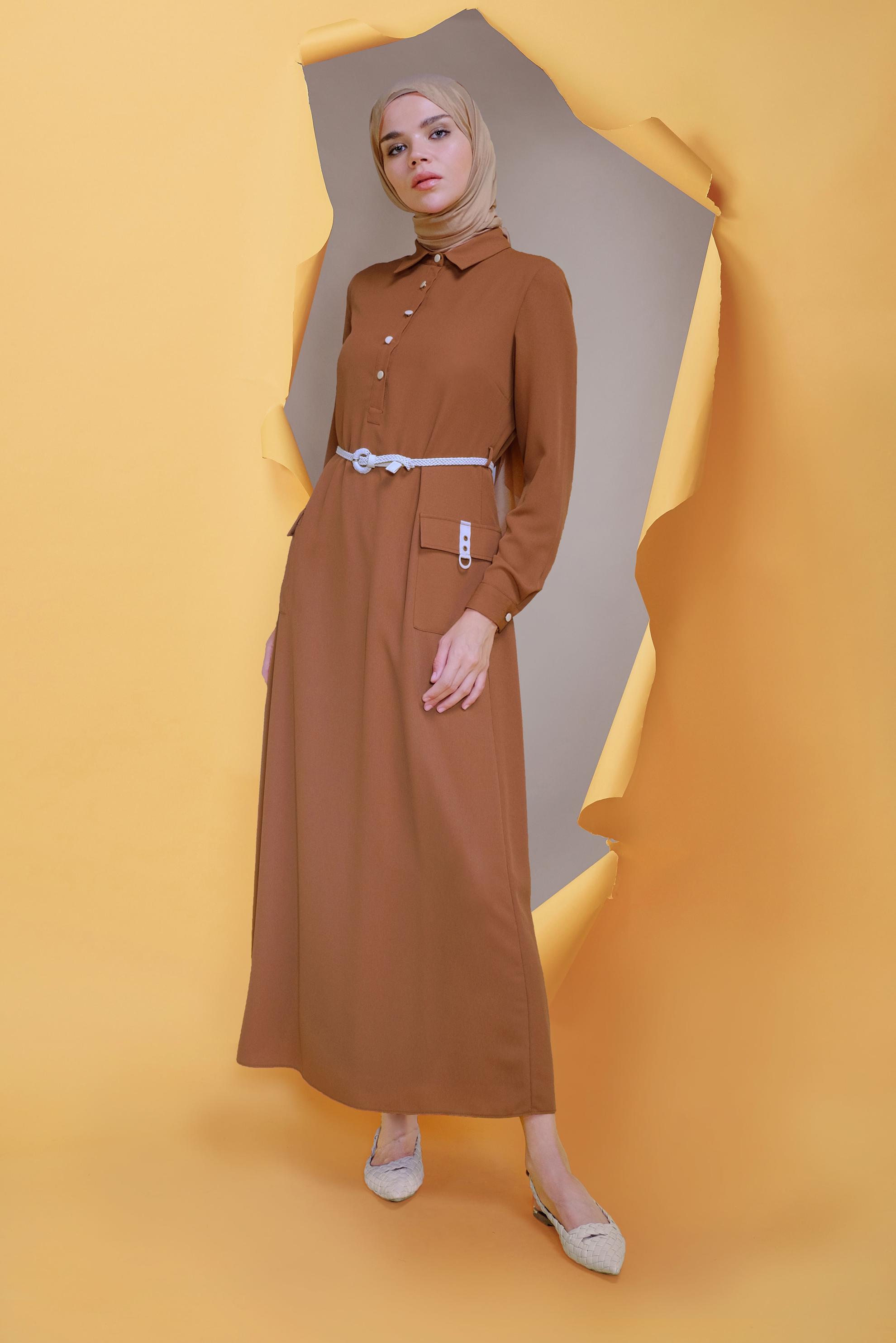 Tesettür giyim KAHVE  KEMERLİ CEP DETAYLI ELBİSE 41739 