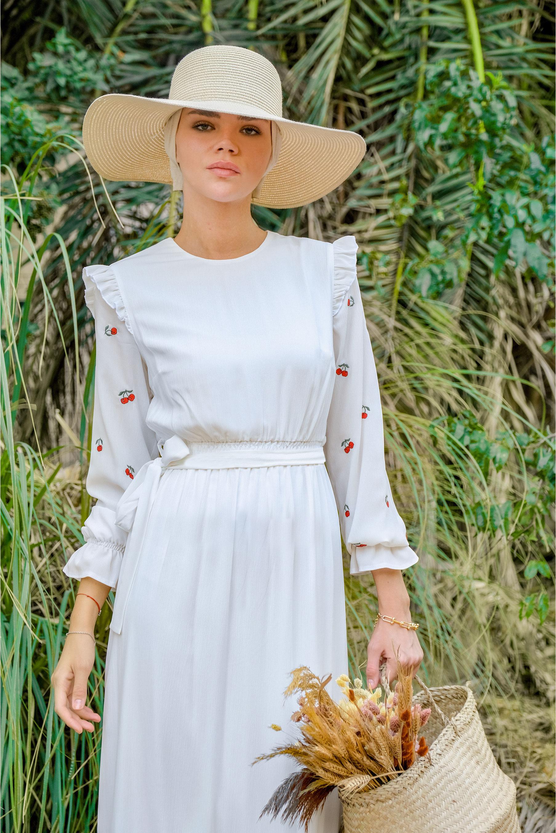 Tesettür giyim BEYAZ İŞLEME DETAYLI KUŞAKLI ELBİSE 41740 