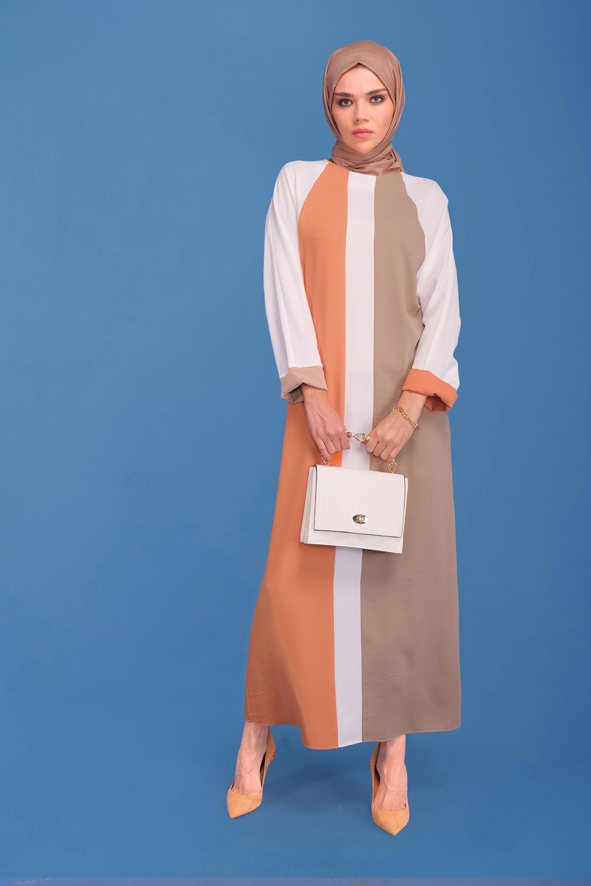 Tesettür giyim TURUNCU ÜÇ RENK YUVARLAK YAKA ELBİSE 41771