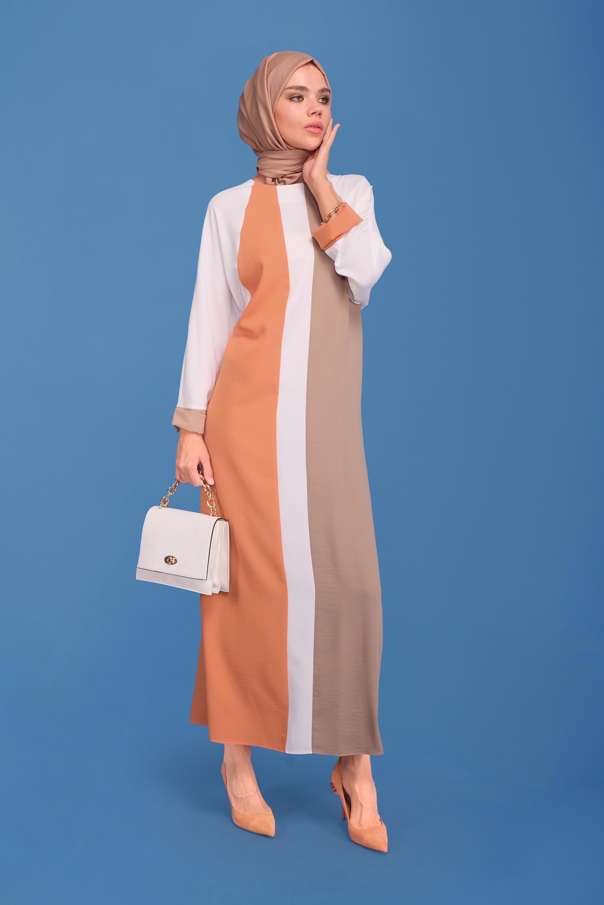 Tesettür giyim TURUNCU ÜÇ RENK YUVARLAK YAKA ELBİSE 41771