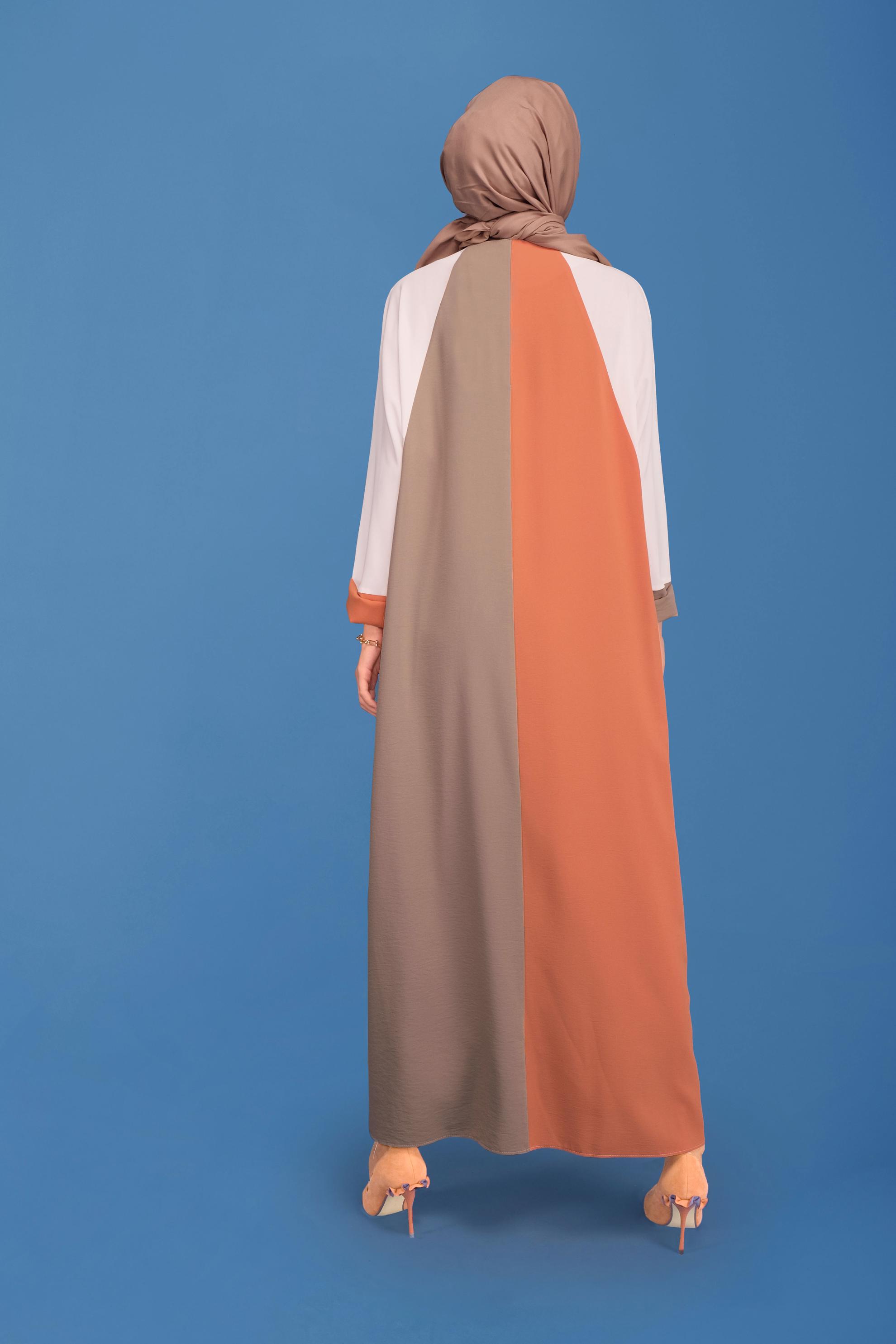 Tesettür giyim TURUNCU ÜÇ RENK YUVARLAK YAKA ELBİSE 41771