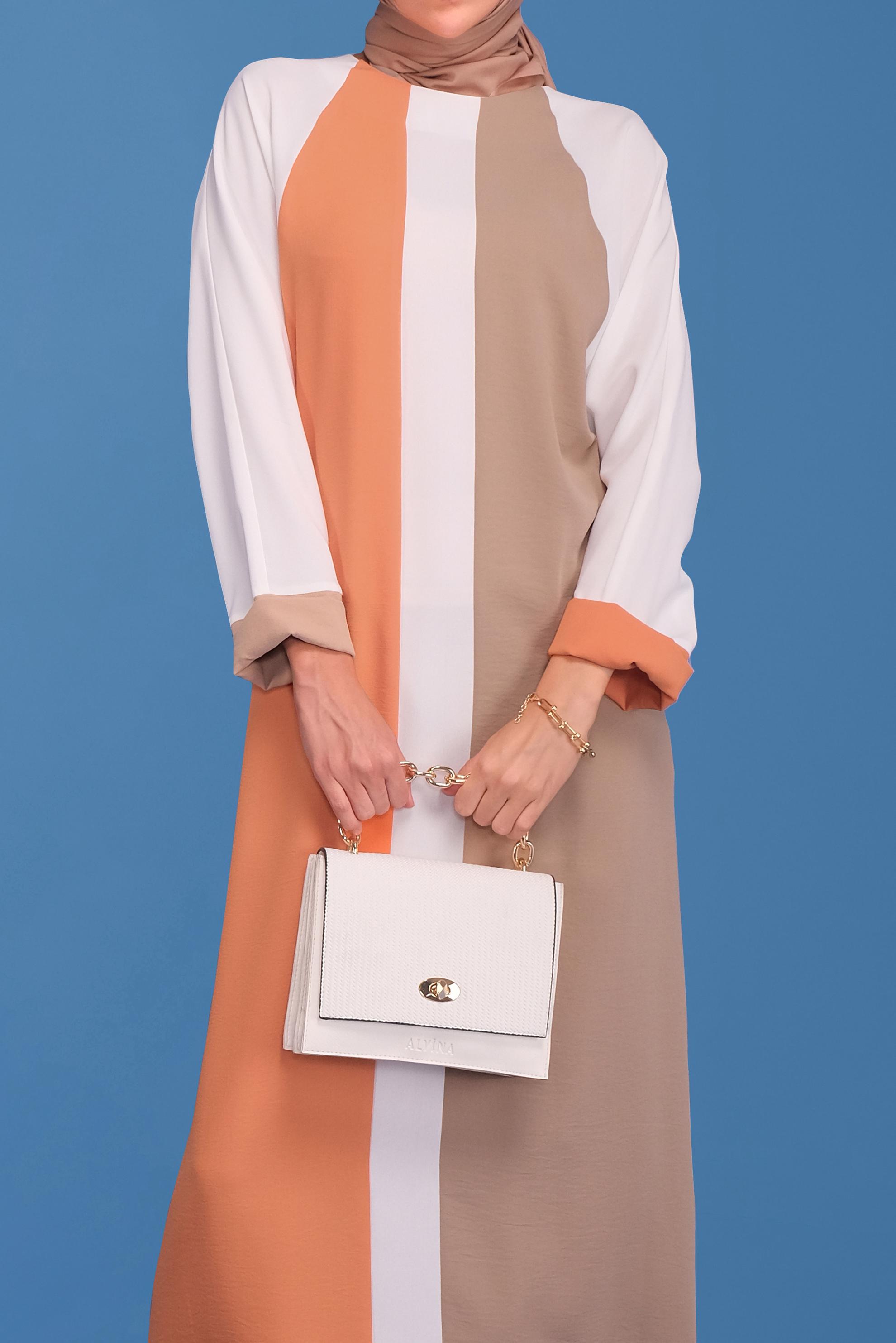 Tesettür giyim TURUNCU ÜÇ RENK YUVARLAK YAKA ELBİSE 41771