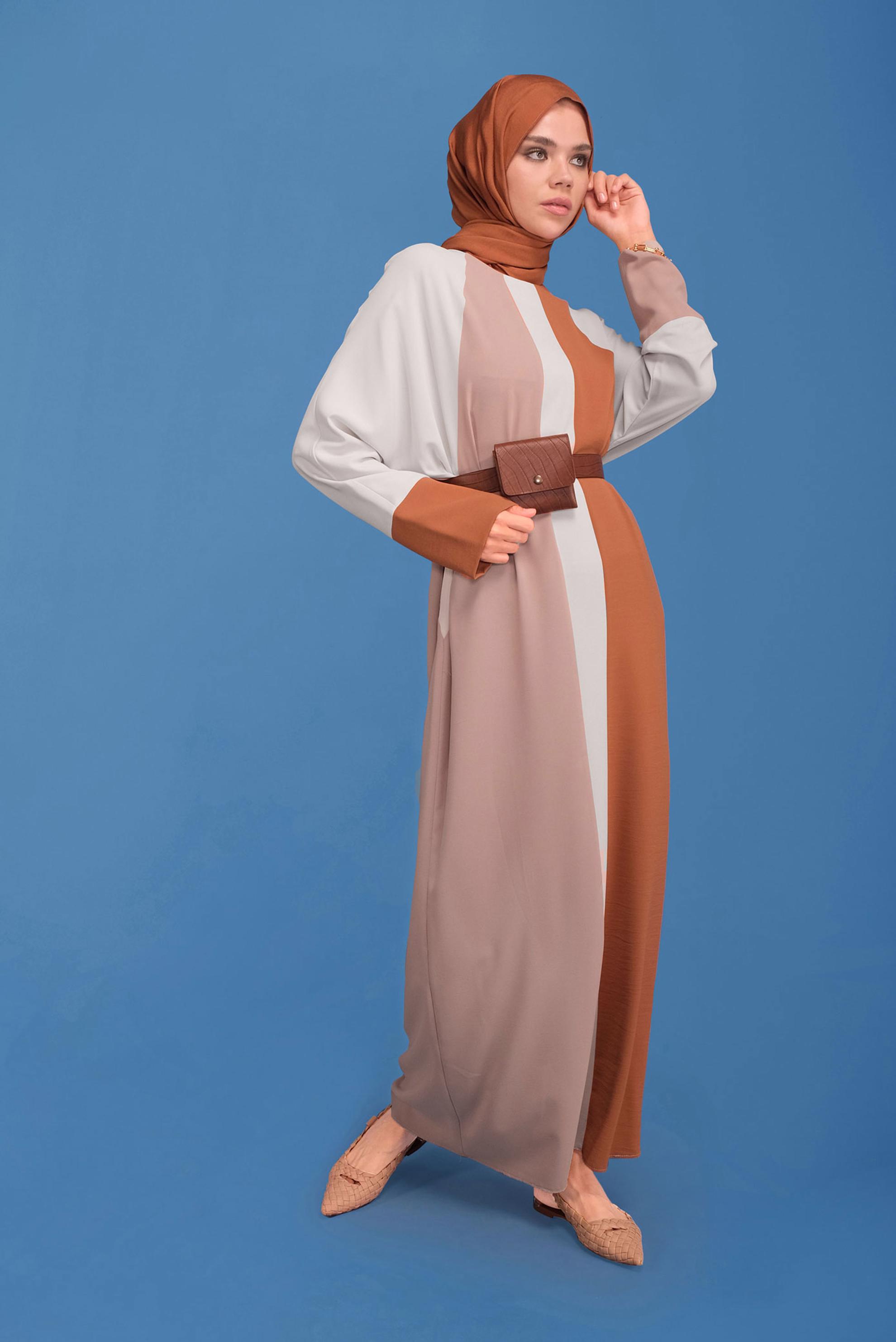 Tesettür giyim PUDRA ÜÇ RENK YUVARLAK YAKA ELBİSE 41771