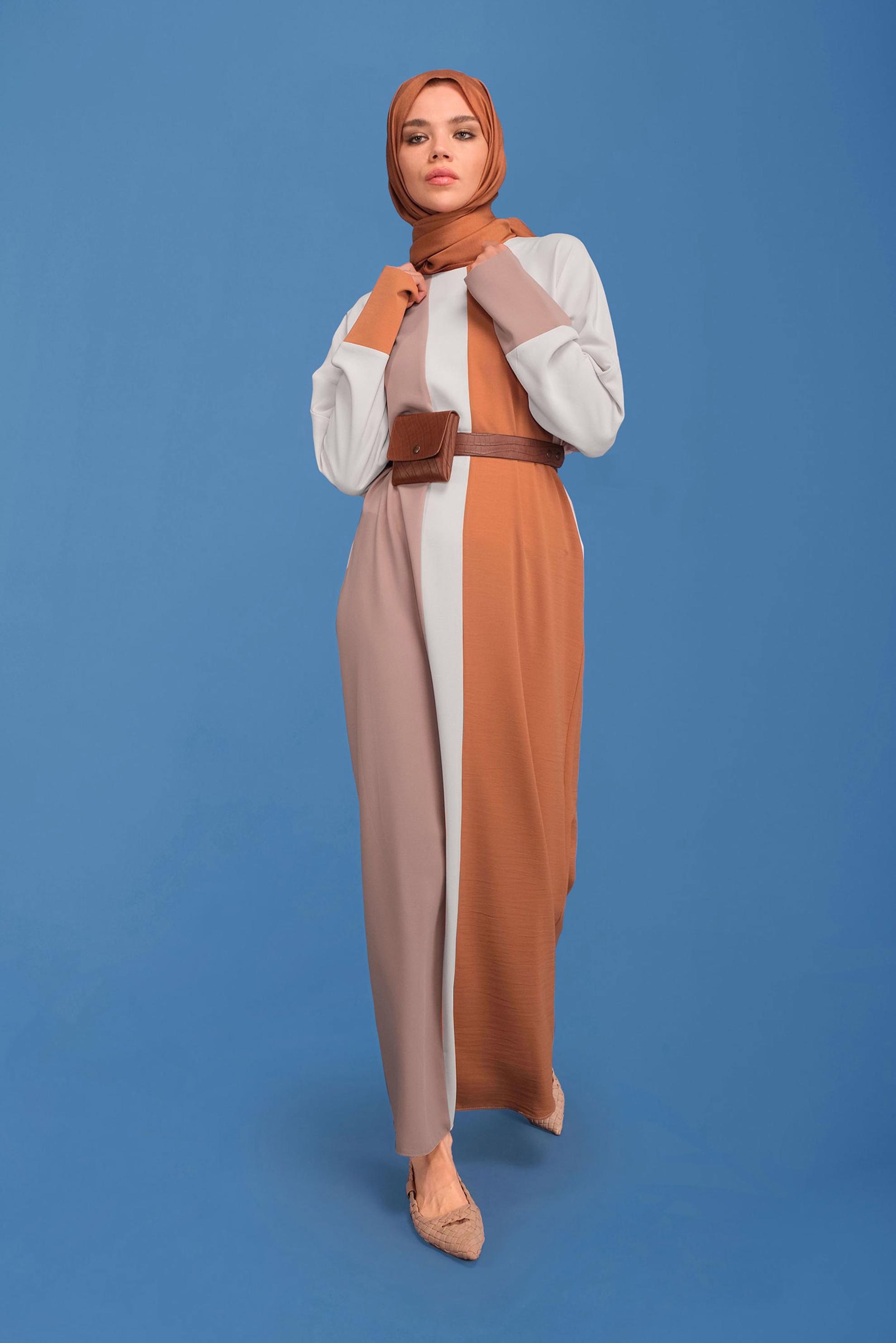 Tesettür giyim PUDRA ÜÇ RENK YUVARLAK YAKA ELBİSE 41771