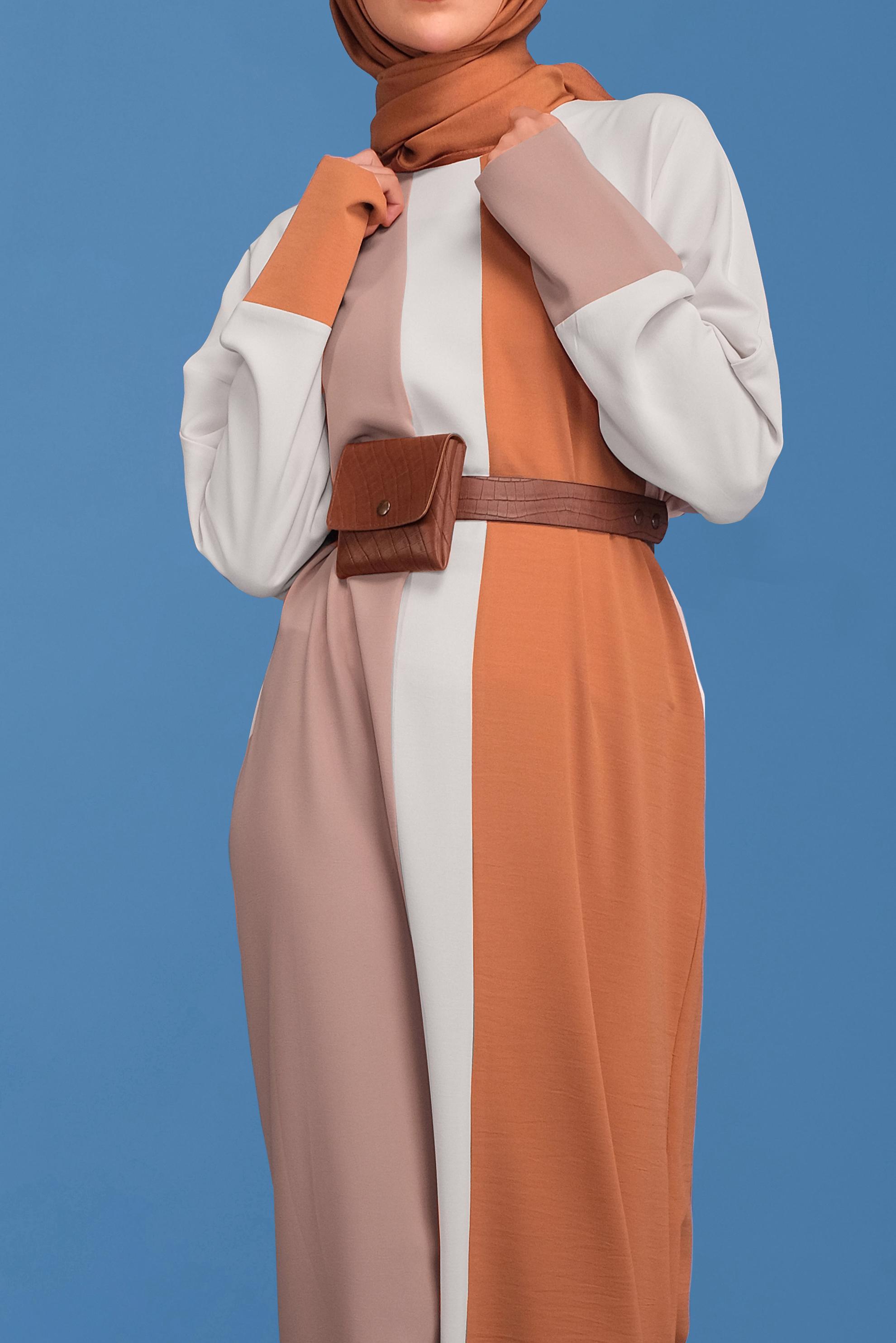 Tesettür giyim PUDRA ÜÇ RENK YUVARLAK YAKA ELBİSE 41771