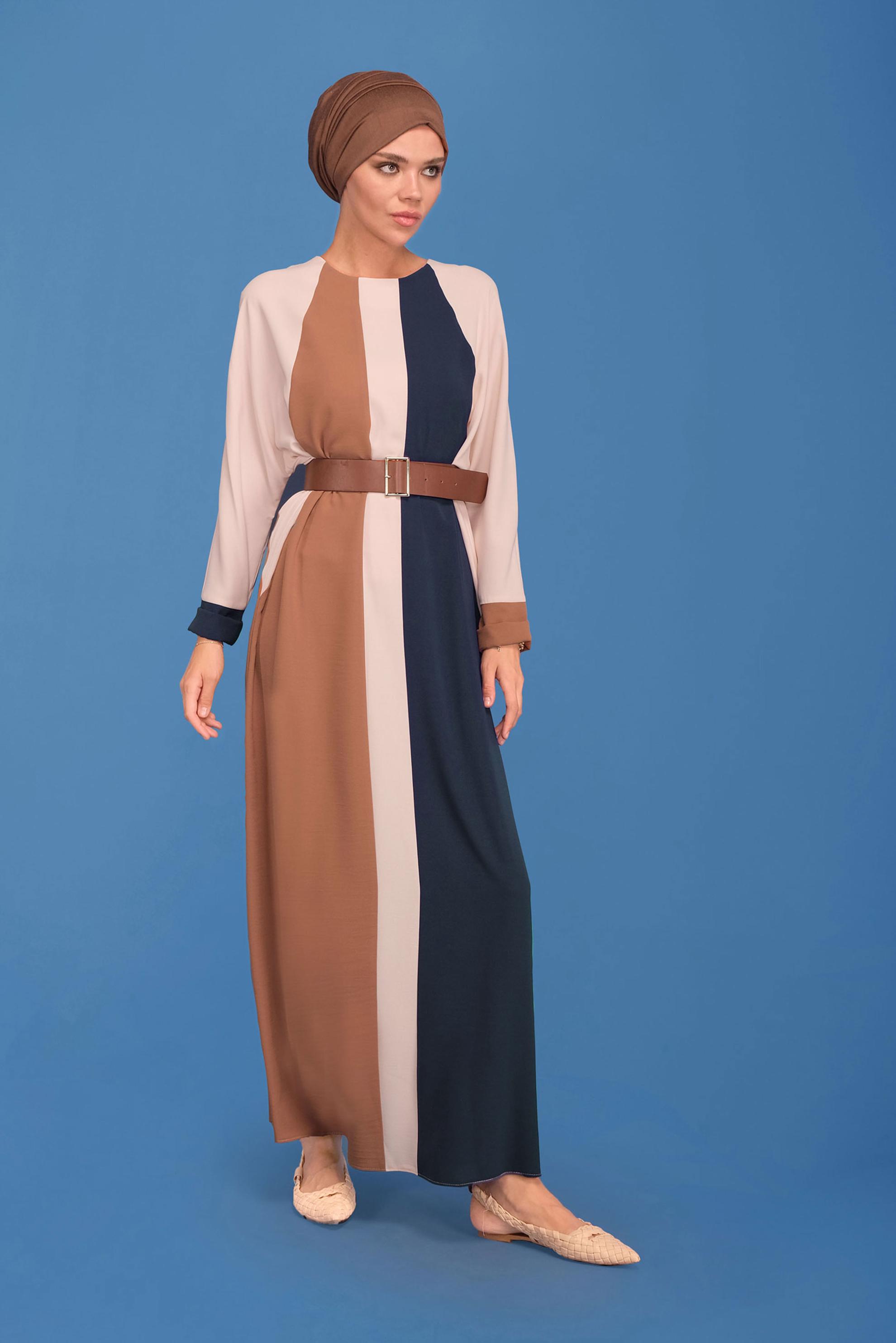 Tesettür giyim TABA ÜÇ RENK YUVARLAK YAKA ELBİSE 41771