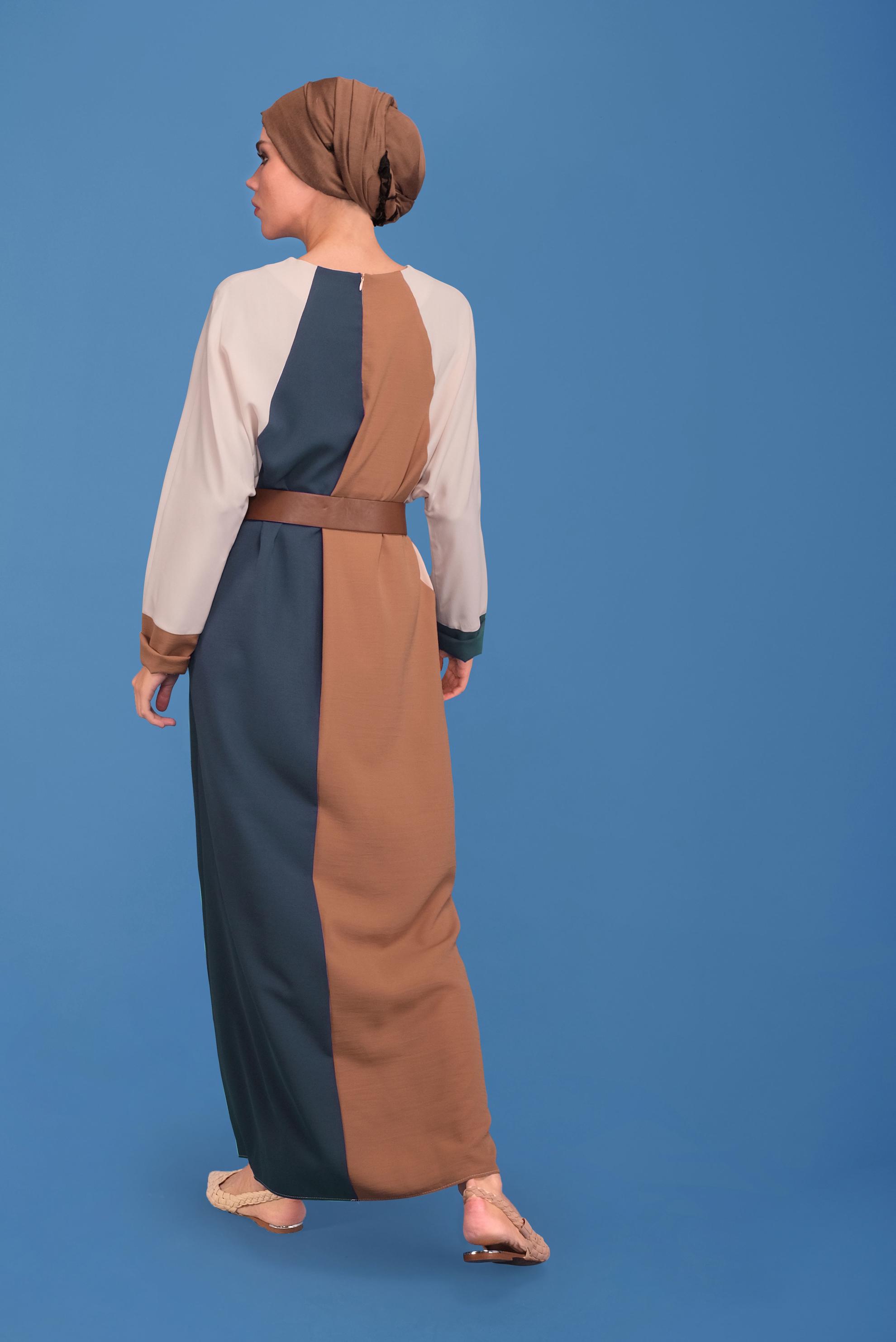 Tesettür giyim TABA ÜÇ RENK YUVARLAK YAKA ELBİSE 41771