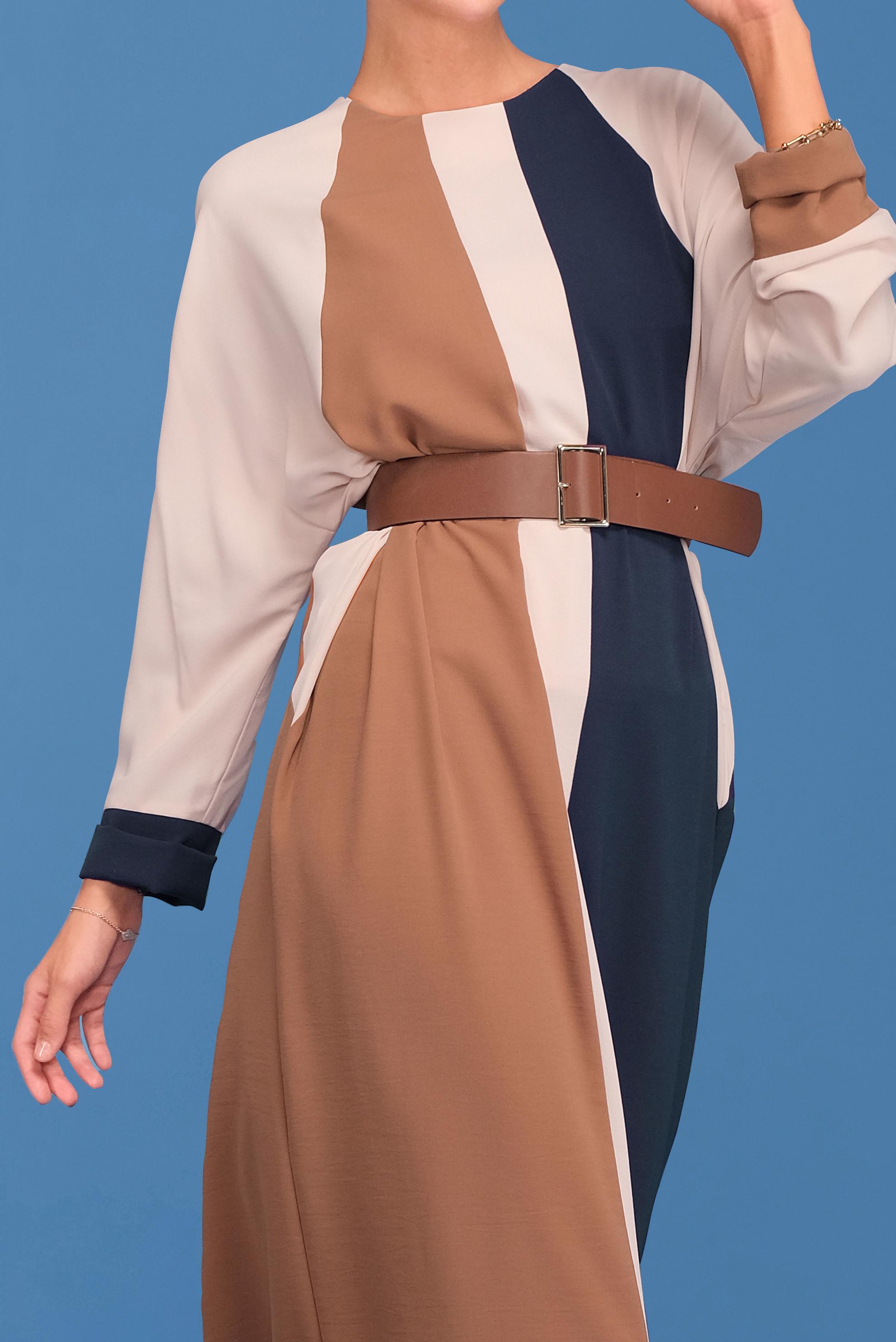 Tesettür giyim TABA ÜÇ RENK YUVARLAK YAKA ELBİSE 41771