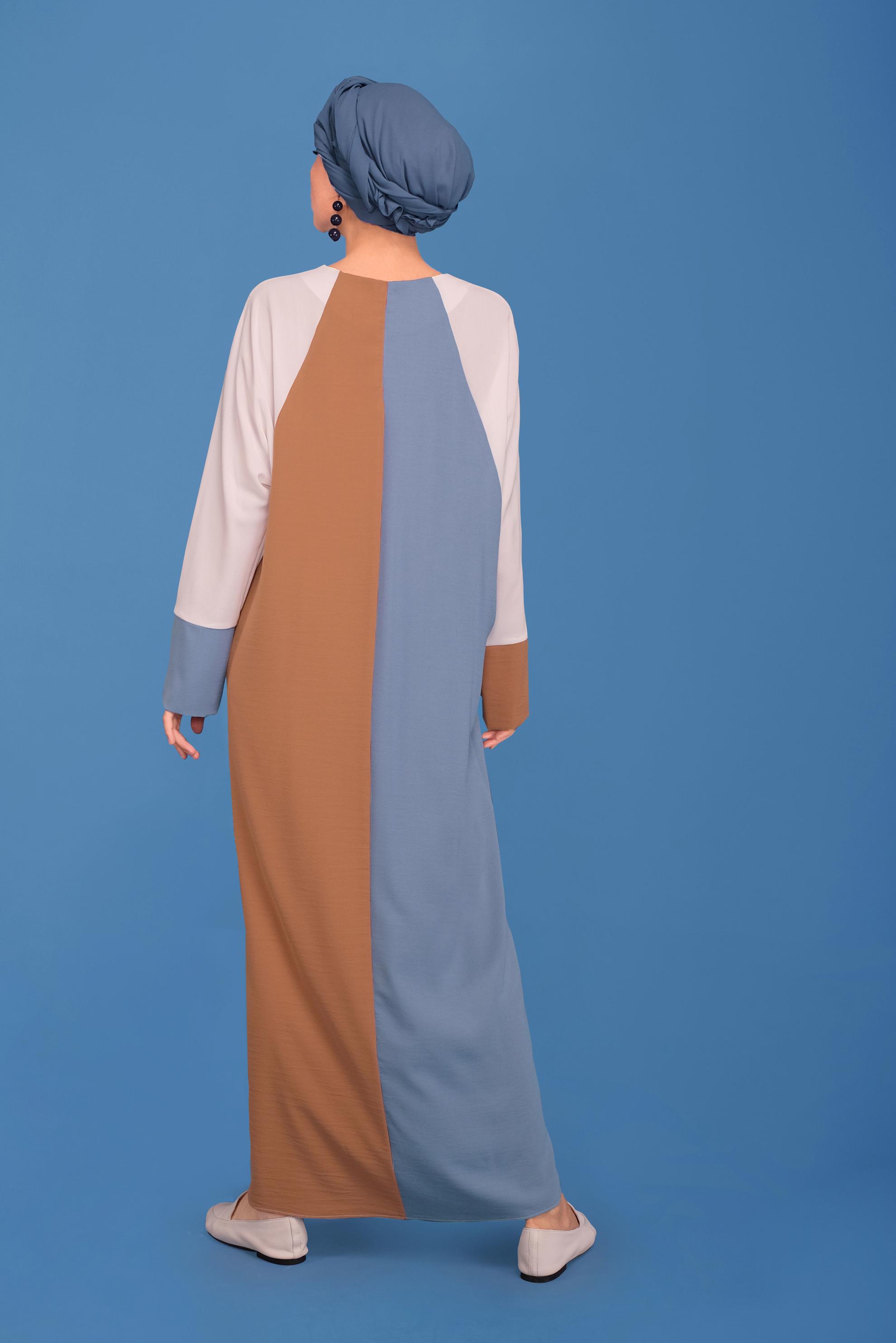 Tesettür giyim MAVİ ÜÇ RENK YUVARLAK YAKA ELBİSE 41771