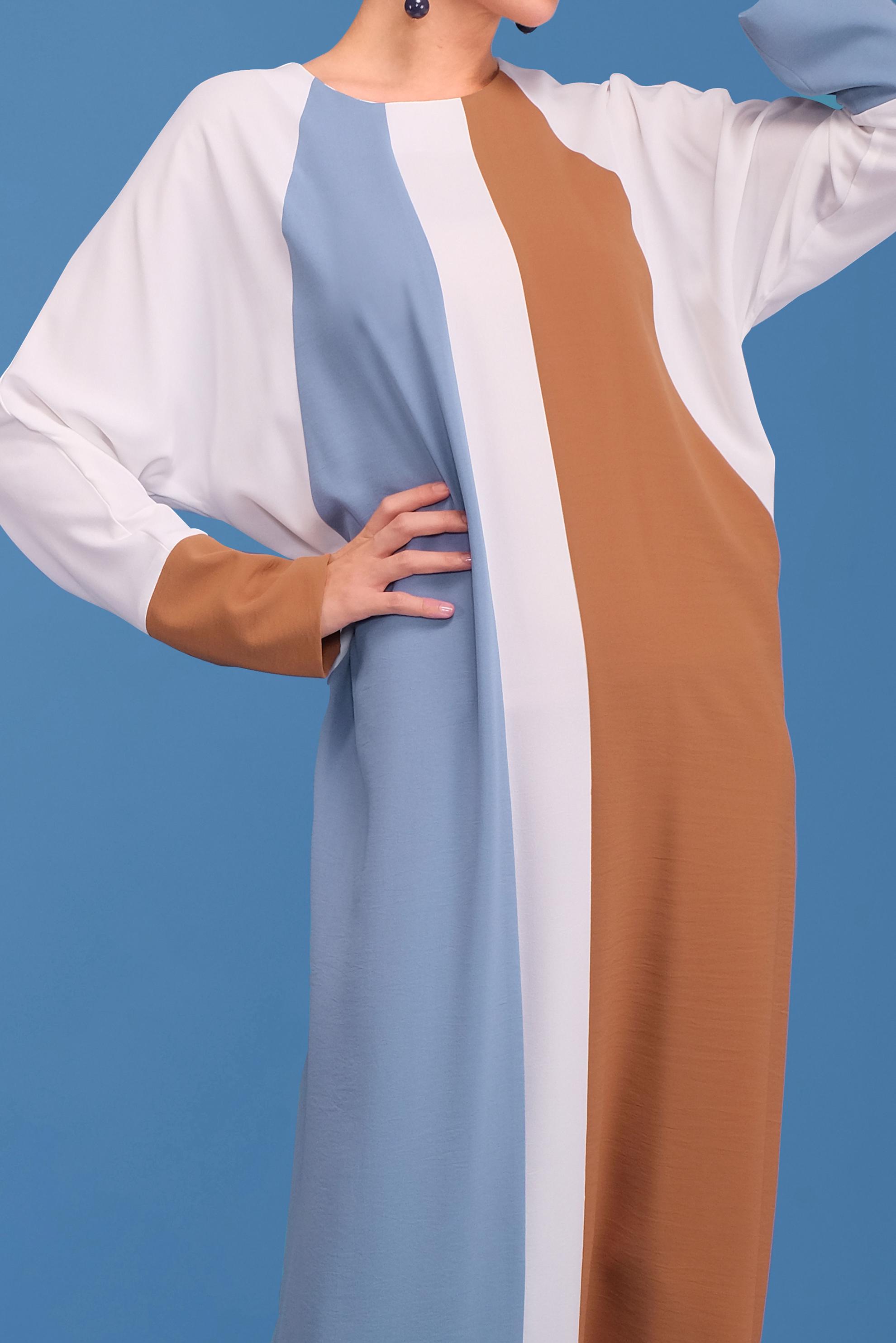 Tesettür giyim MAVİ ÜÇ RENK YUVARLAK YAKA ELBİSE 41771