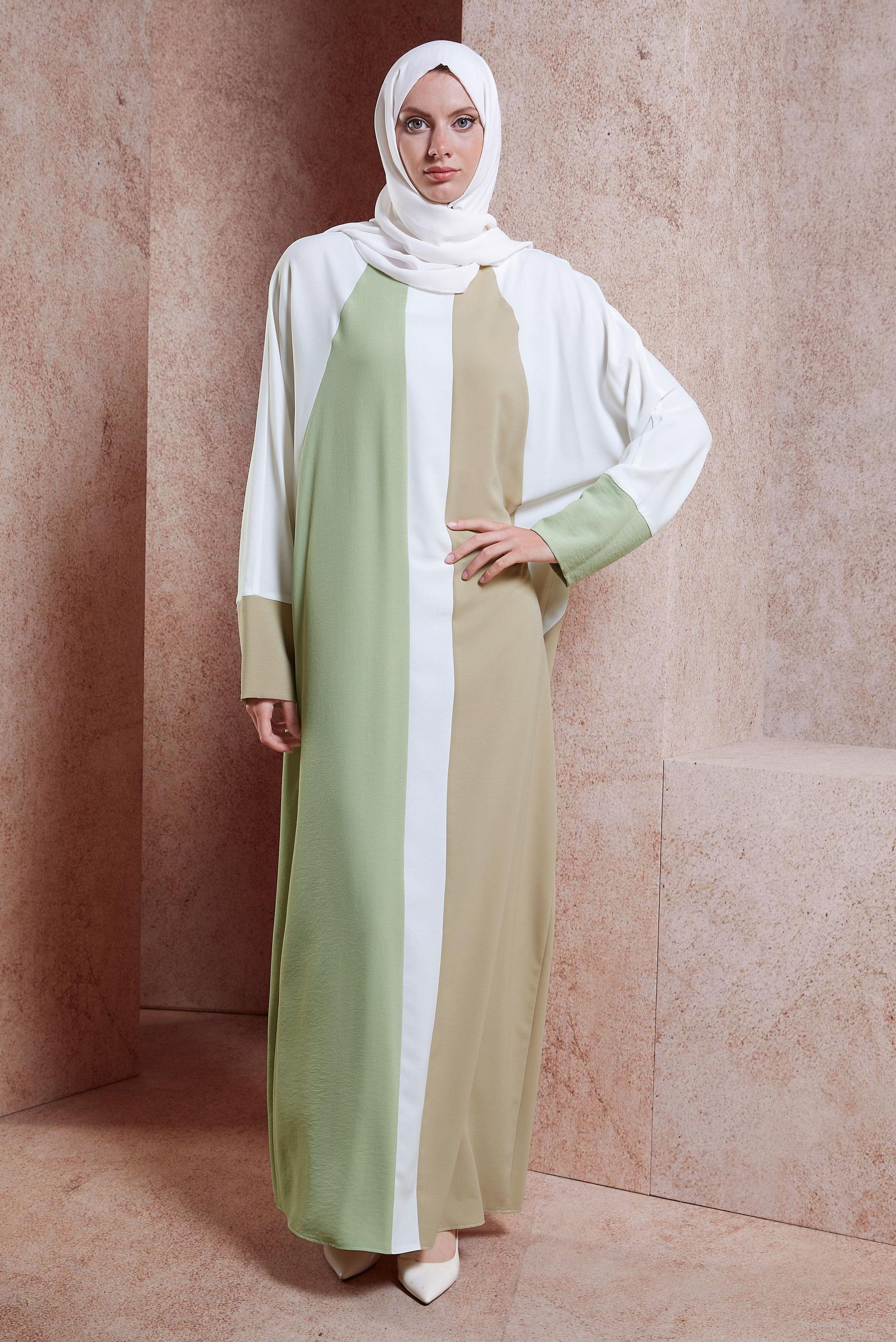 Tesettür giyim YEŞİL ÜÇ RENK YUVARLAK YAKA ELBİSE 41771