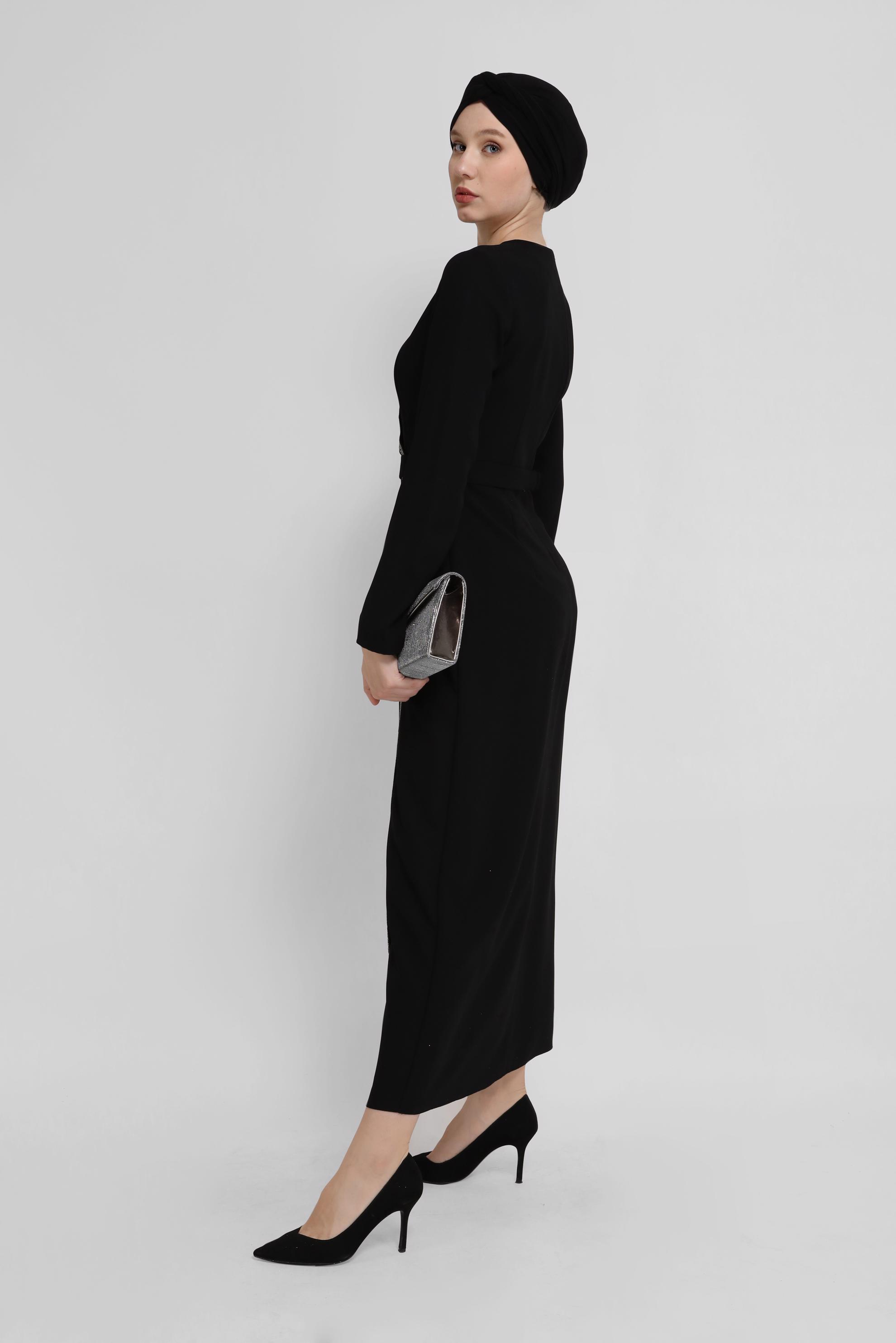 Tesettür giyim SİYAH ŞERİT DETAYLI KREP ELBİSE 41776 