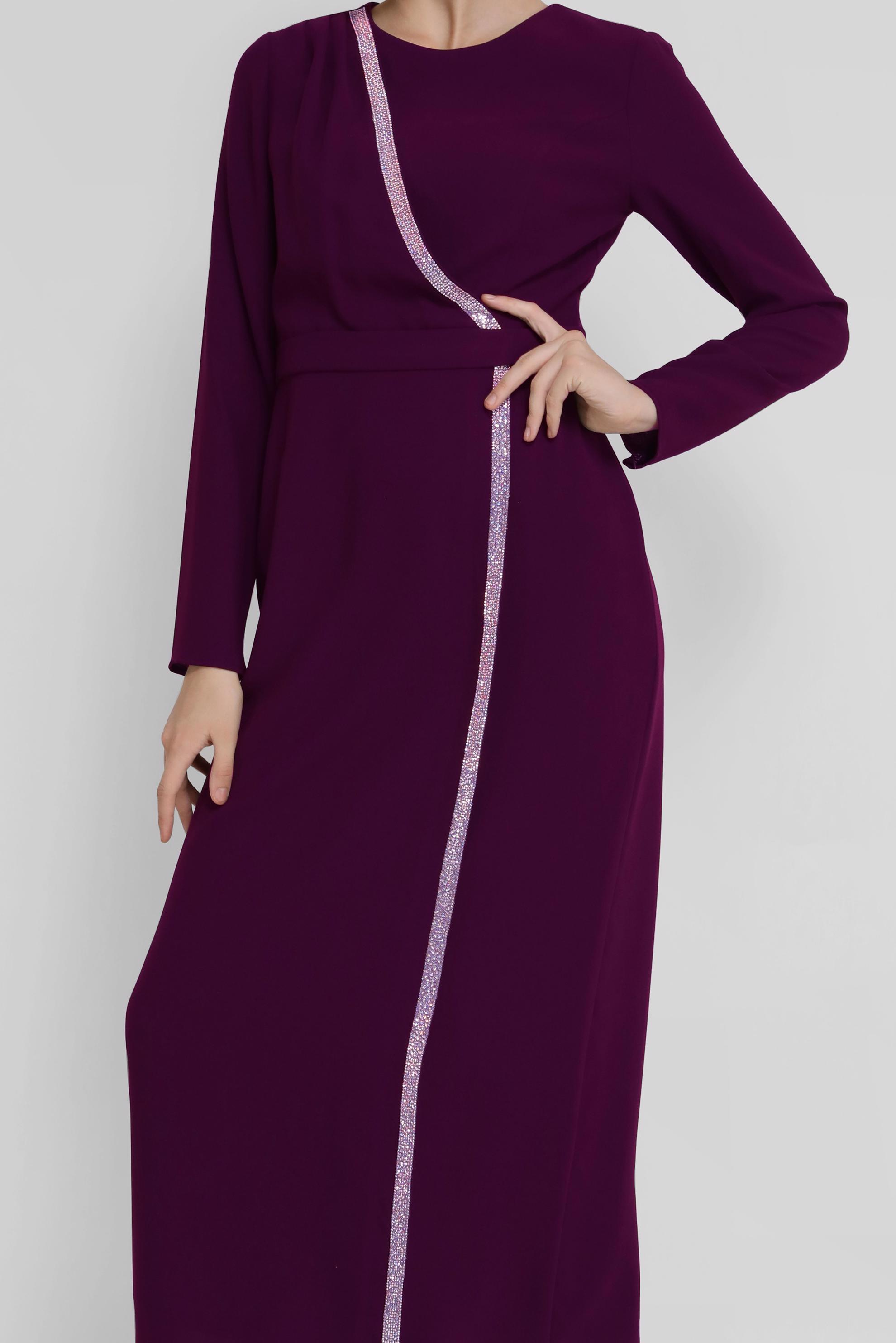 Tesettür giyim MÜRDÜM ŞERİT DETAYLI KREP ELBİSE 41776 