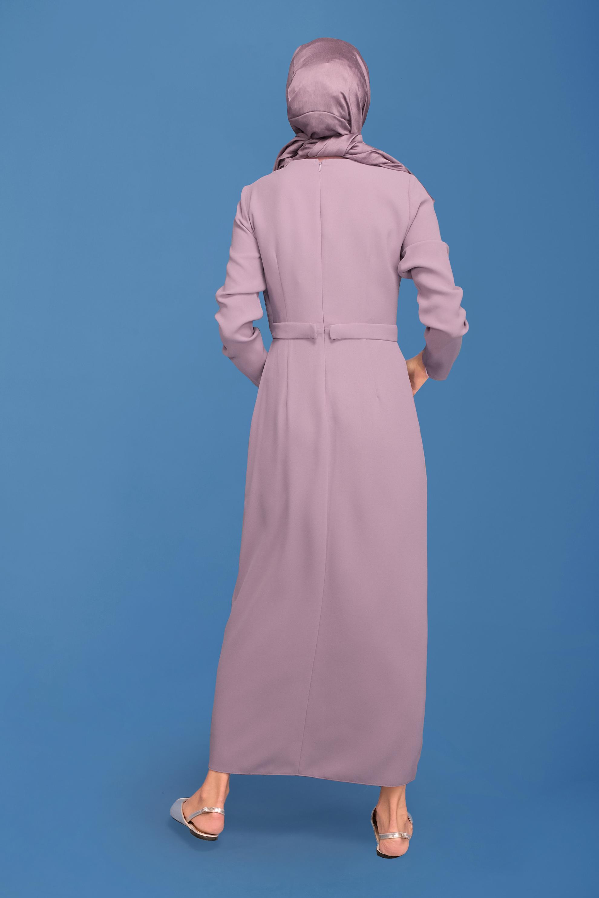 Tesettür giyim PEMBE ŞERİT DETAYLI KREP ELBİSE 41776 