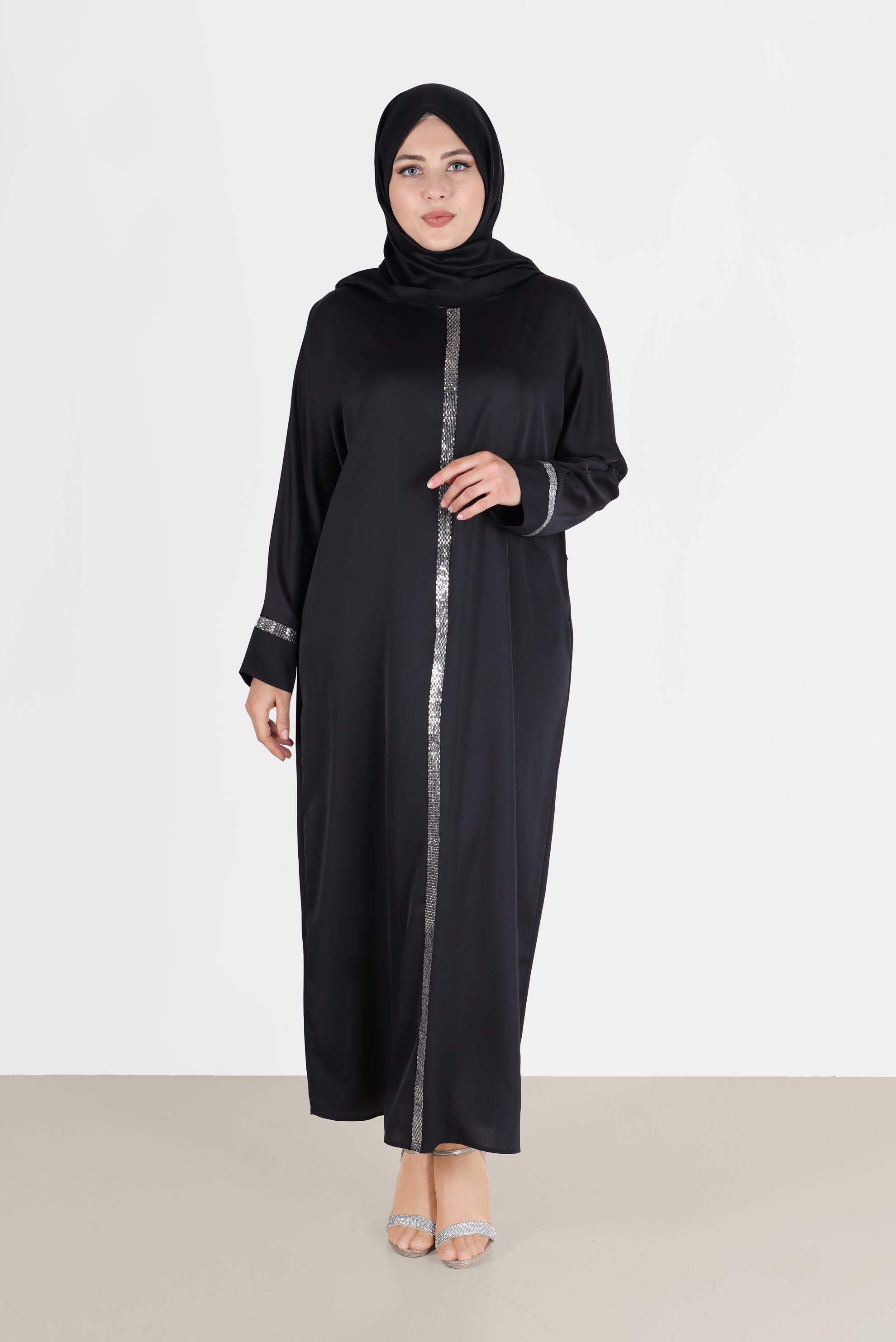 Vêtements hijab NOIR ROBE EN SATIN À RAYURES BRILLANTES 41777