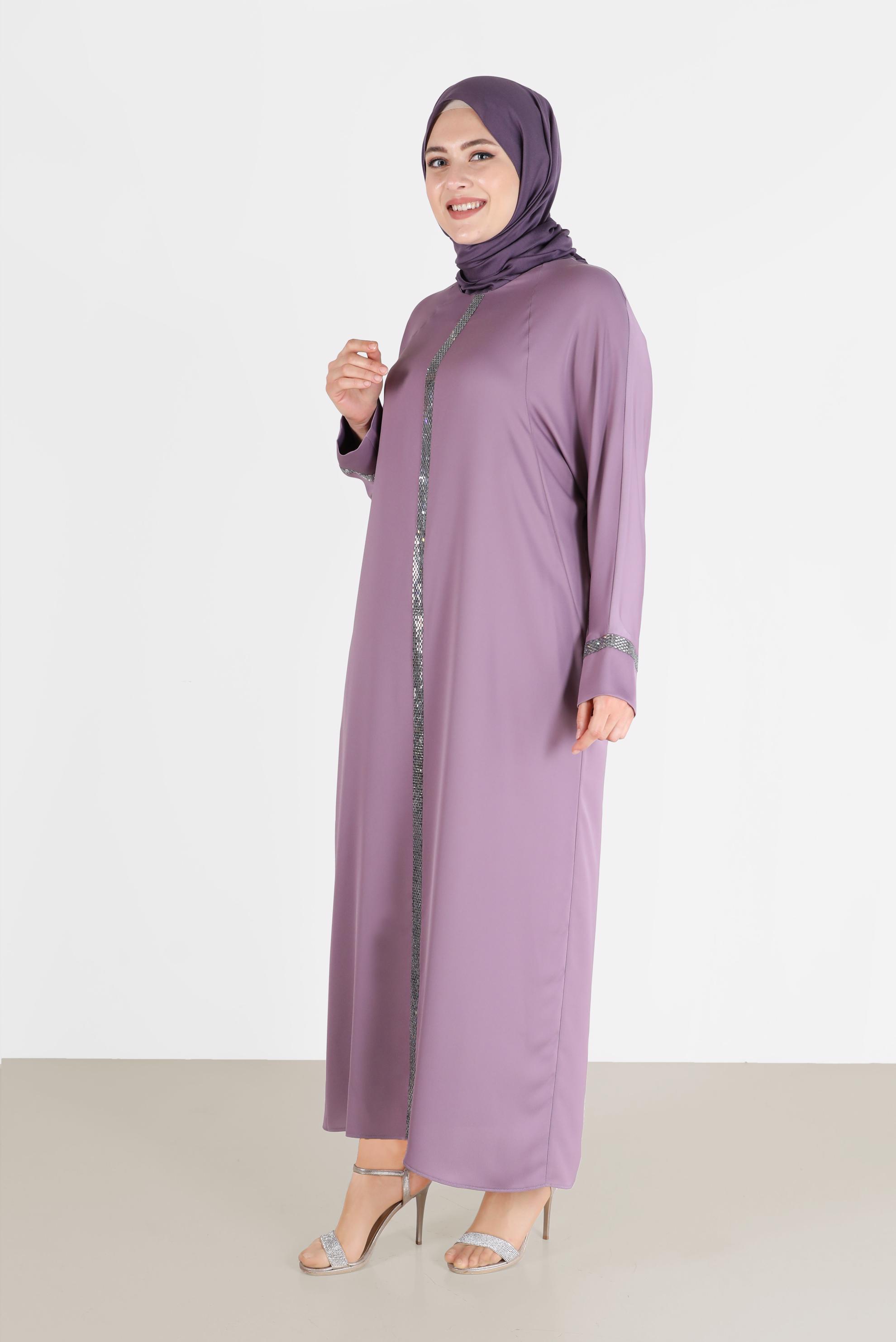 Tesettür giyim MOR PARLAK ŞERİT DETAYLI SATEN ELBİSE 41777 