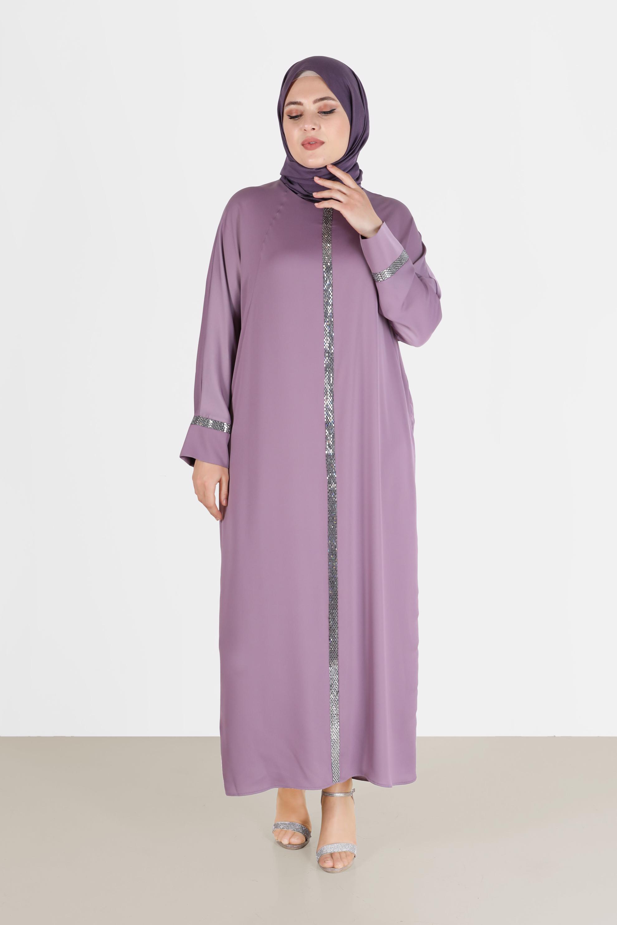 Tesettür giyim MOR PARLAK ŞERİT DETAYLI SATEN ELBİSE 41777 