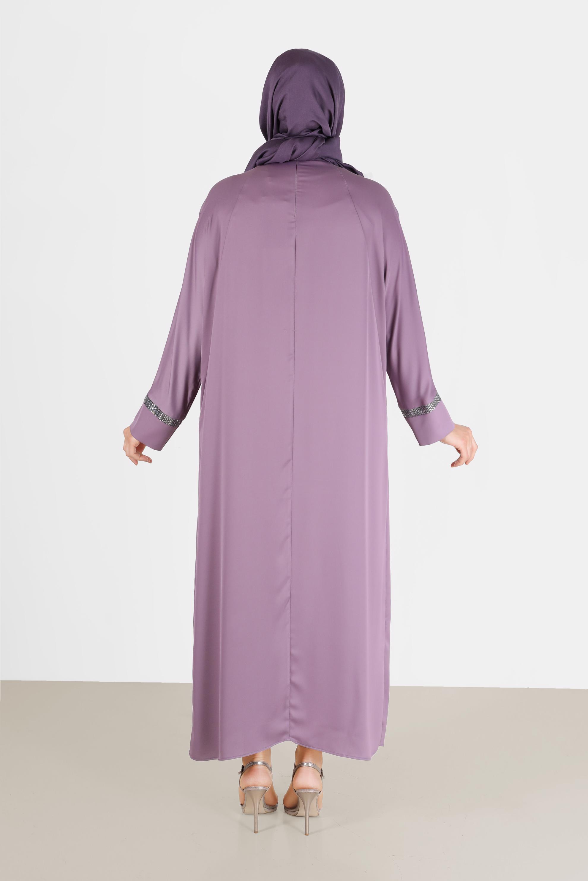 Tesettür giyim MOR PARLAK ŞERİT DETAYLI SATEN ELBİSE 41777 