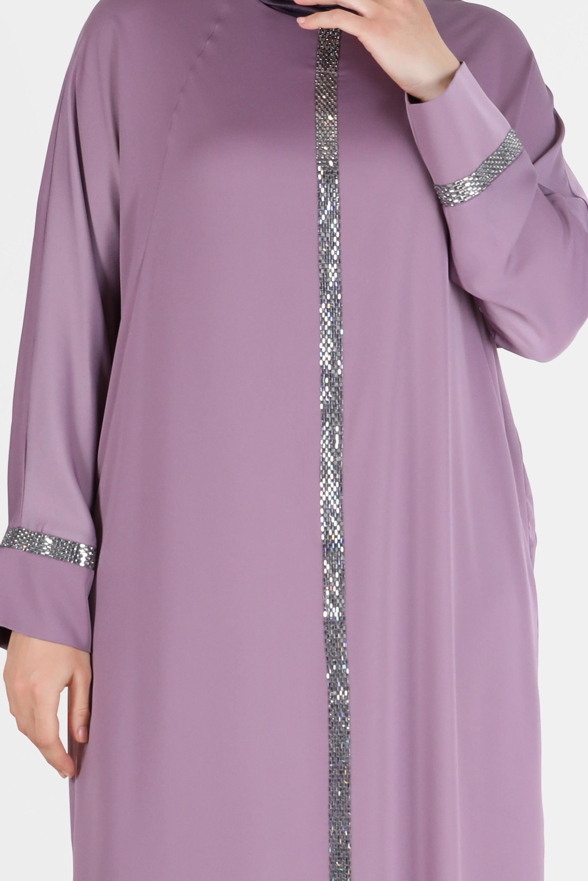 Tesettür giyim MOR PARLAK ŞERİT DETAYLI SATEN ELBİSE 41777 