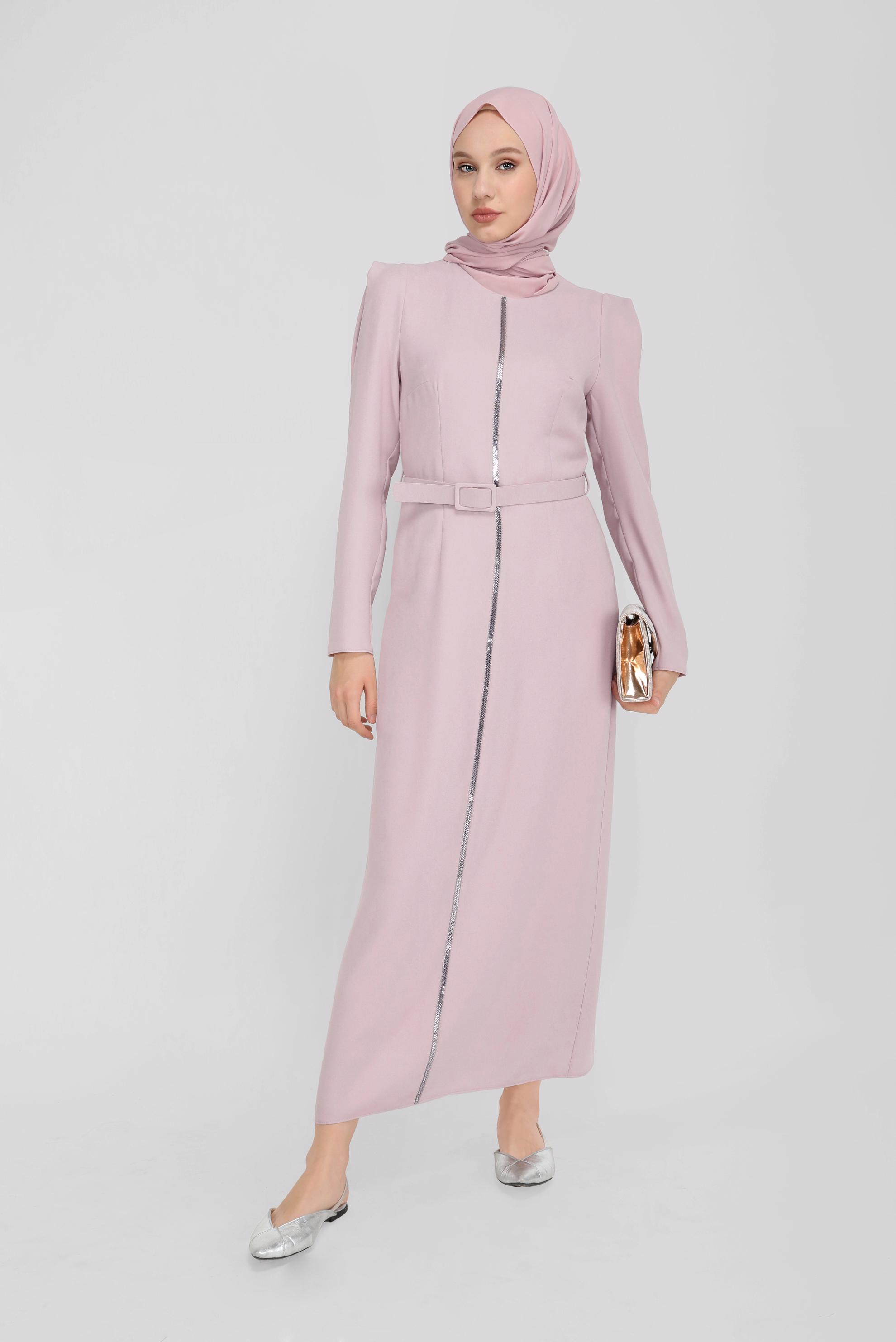 Tesettür giyim PUDRA KEMERLİ TAŞLI ELBİSE 41778