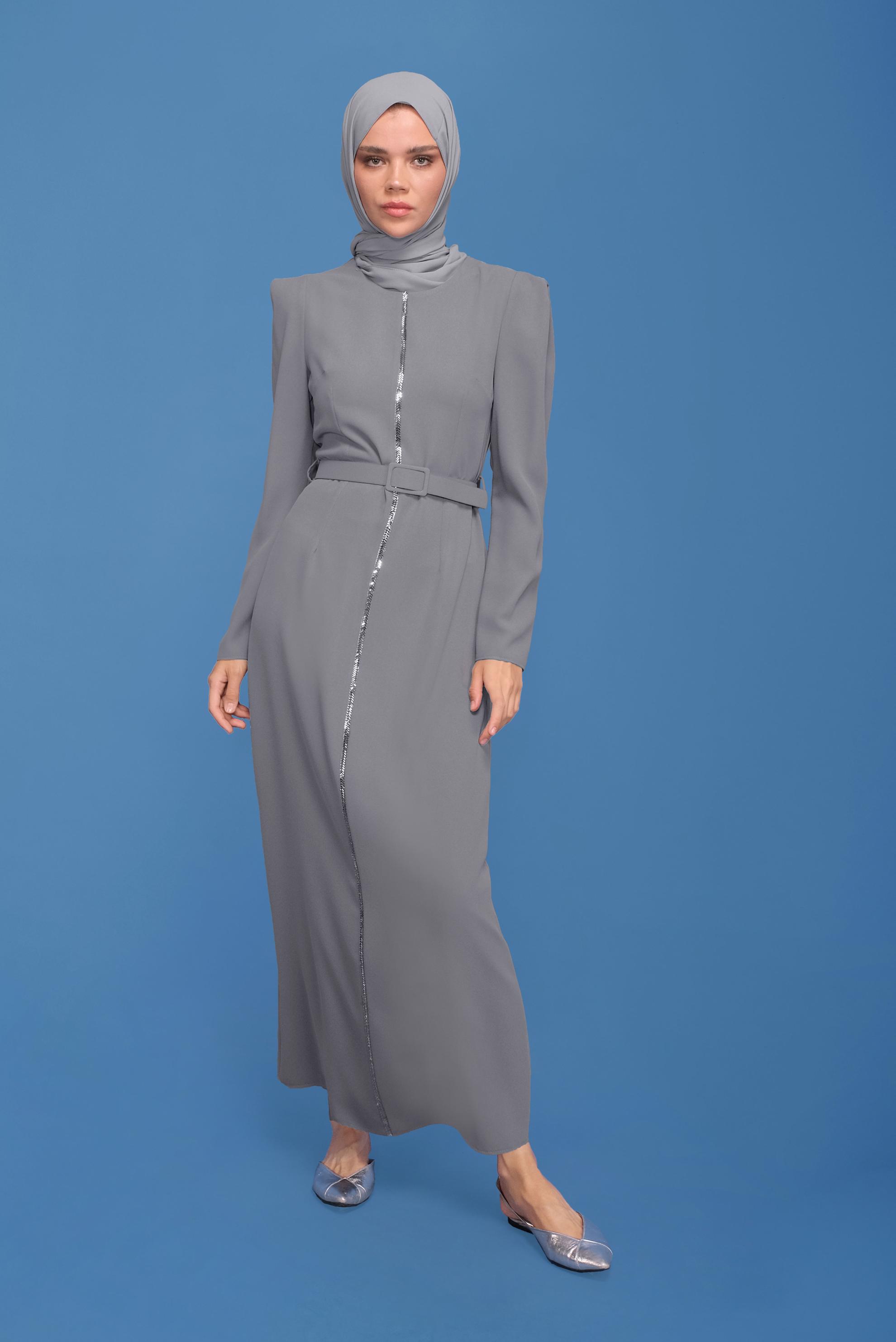 Tesettür giyim GRİ KEMERLİ TAŞLI ELBİSE 41778