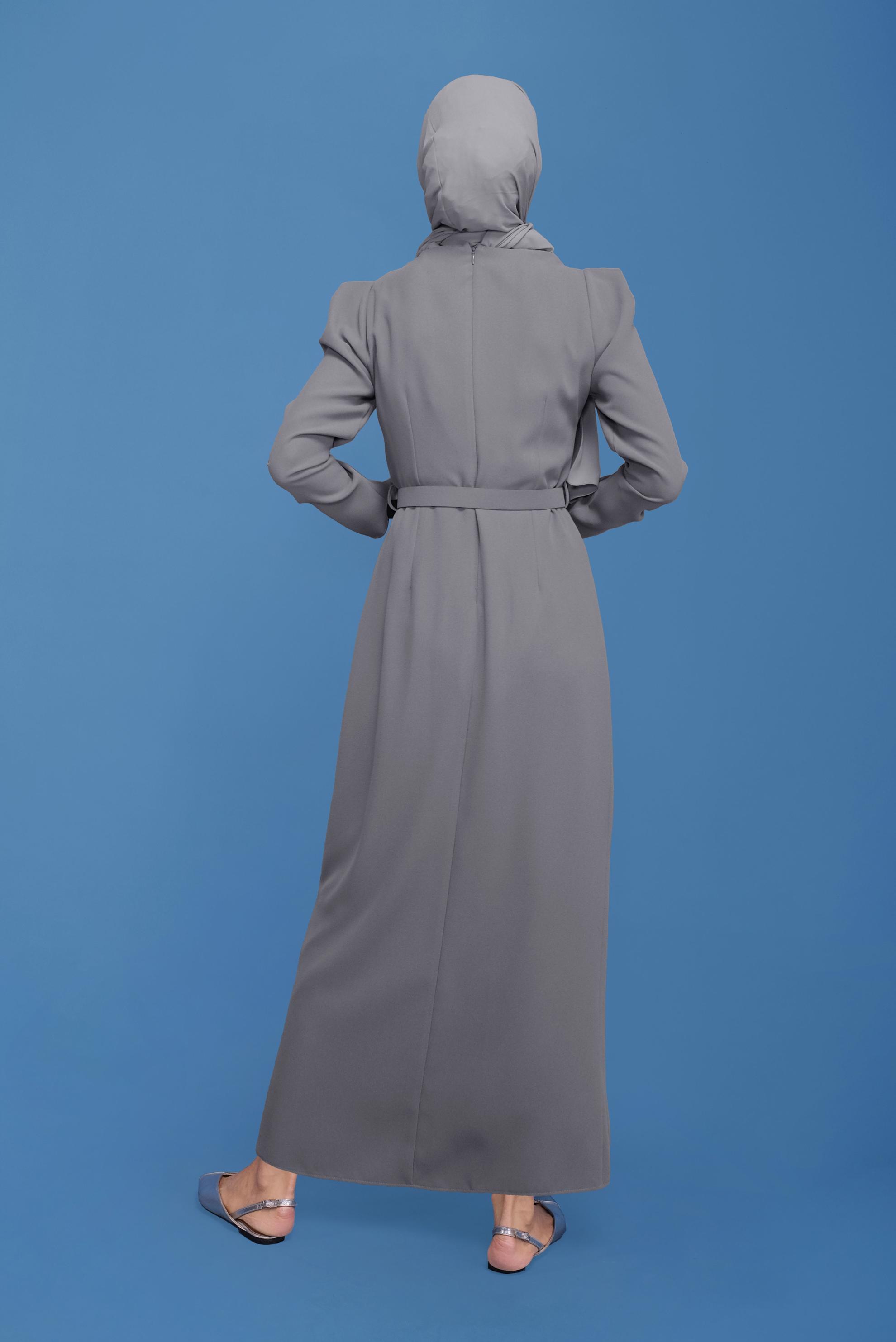 Tesettür giyim GRİ KEMERLİ TAŞLI ELBİSE 41778